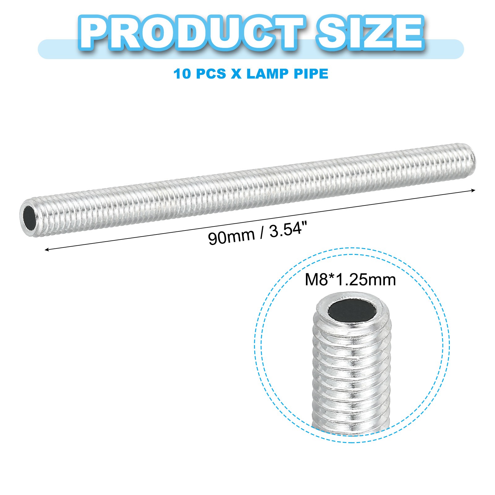 M8 Thread Carbon Steel Lamp Pipe, 10 Set 90mm/3.54″ Hollow Tube Adapter