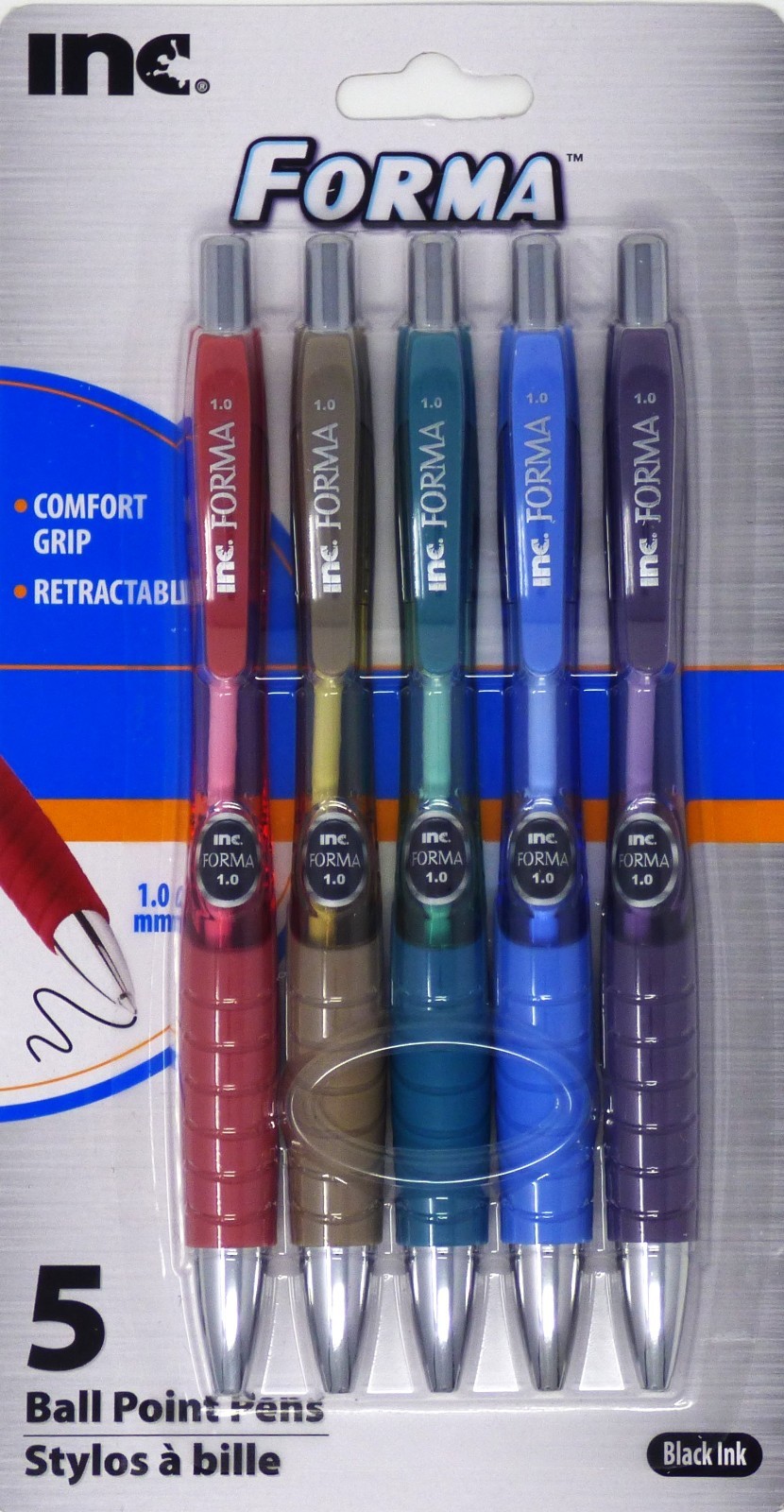 Inc. Forma Retractable Ball Point Pens 1.0 mm, 5 Assorted Barrels (Black Ink)