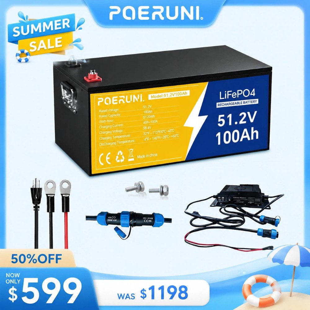 POERUNI 48V 100AH LiFePO4 Lithium Battery with 20A Charger Metal Case Golf Cart