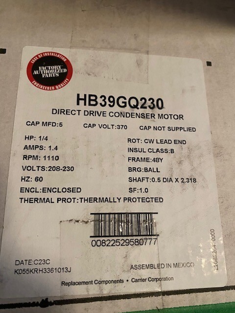 Carrier 1/4 HP Single Phase Condenser Motor Fan, HB39GQ230