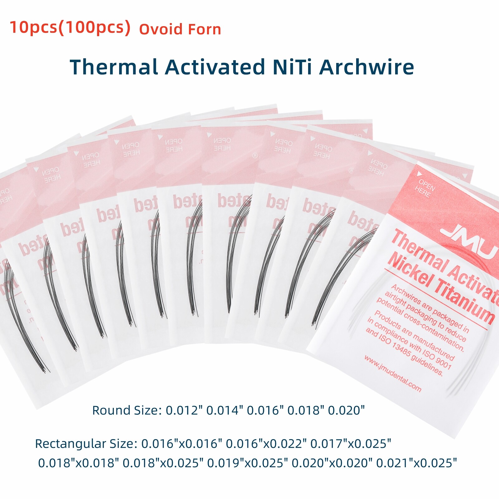JMU Dental Ortho Thermal Activated NiTi Arch Wire Round/Rectangular Ovoid, 10pk