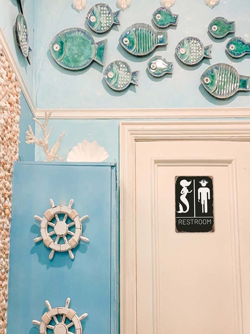 Nautical Restroom Sign – Pirate and Mermaid 12 inches x 8 inches, Vintage