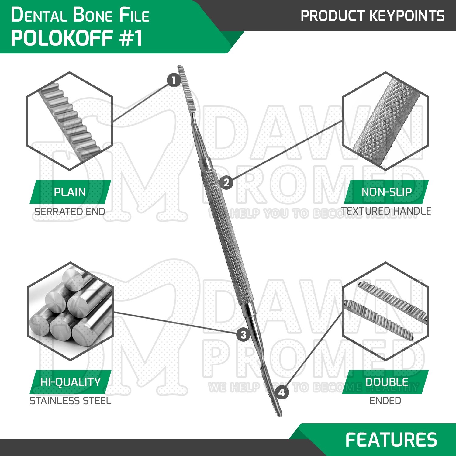 Bone File Polokoff #1 Double Ended 7″ Surgical Dental Instruments German Grade