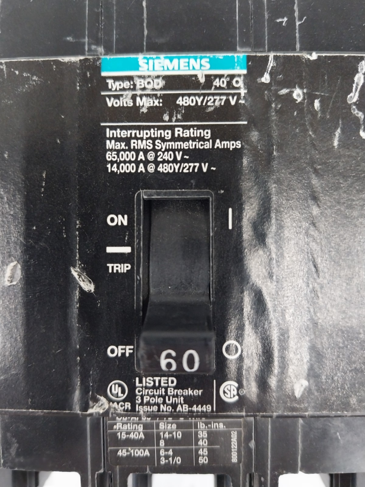 Siemens 60 Amp Bolt-On Circuit Breaker 480Y/277 VAC 3 Pole BQD360