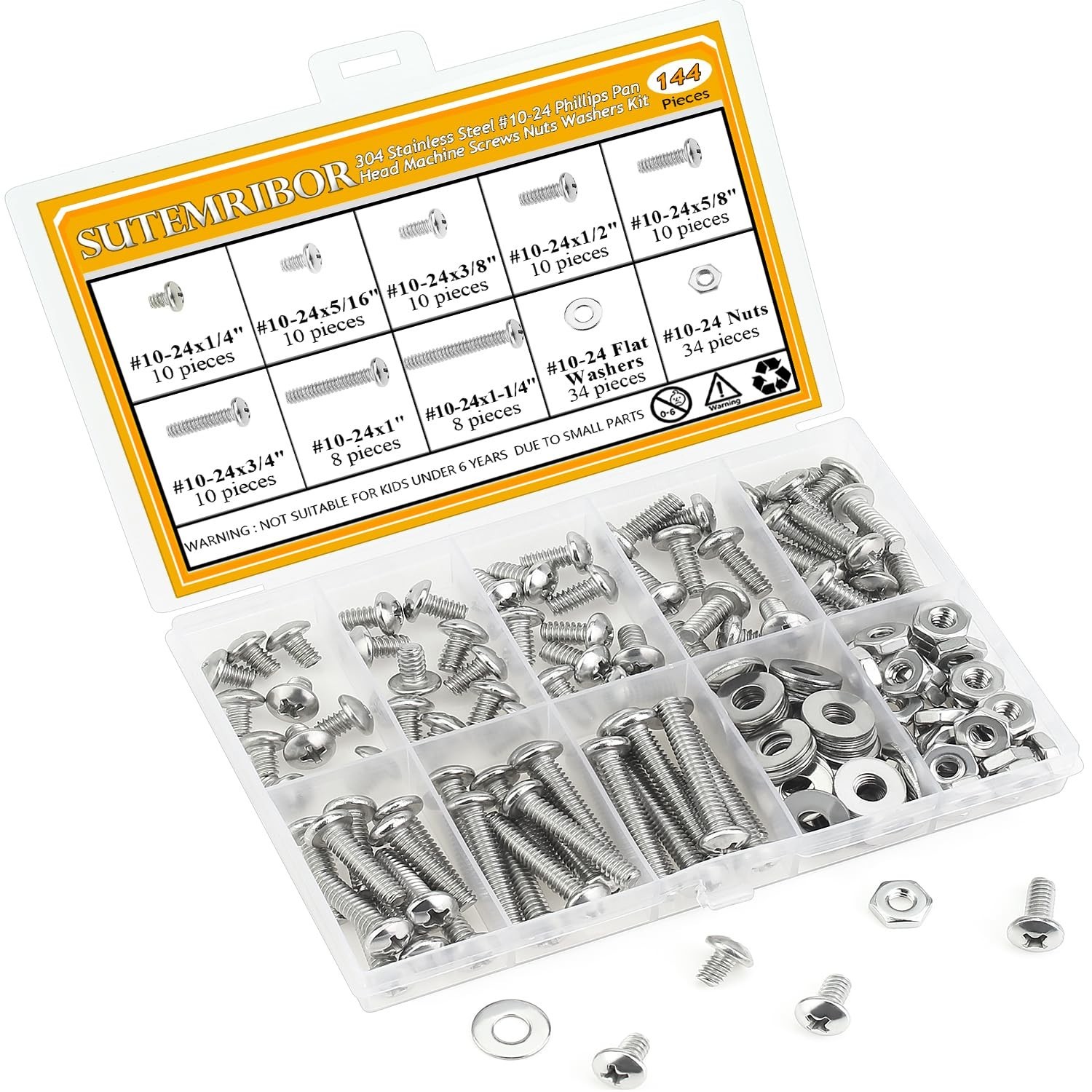 144PC Assortment Kit #10-24 Phillips Pan Head Machine Screws, Nuts & Washers
