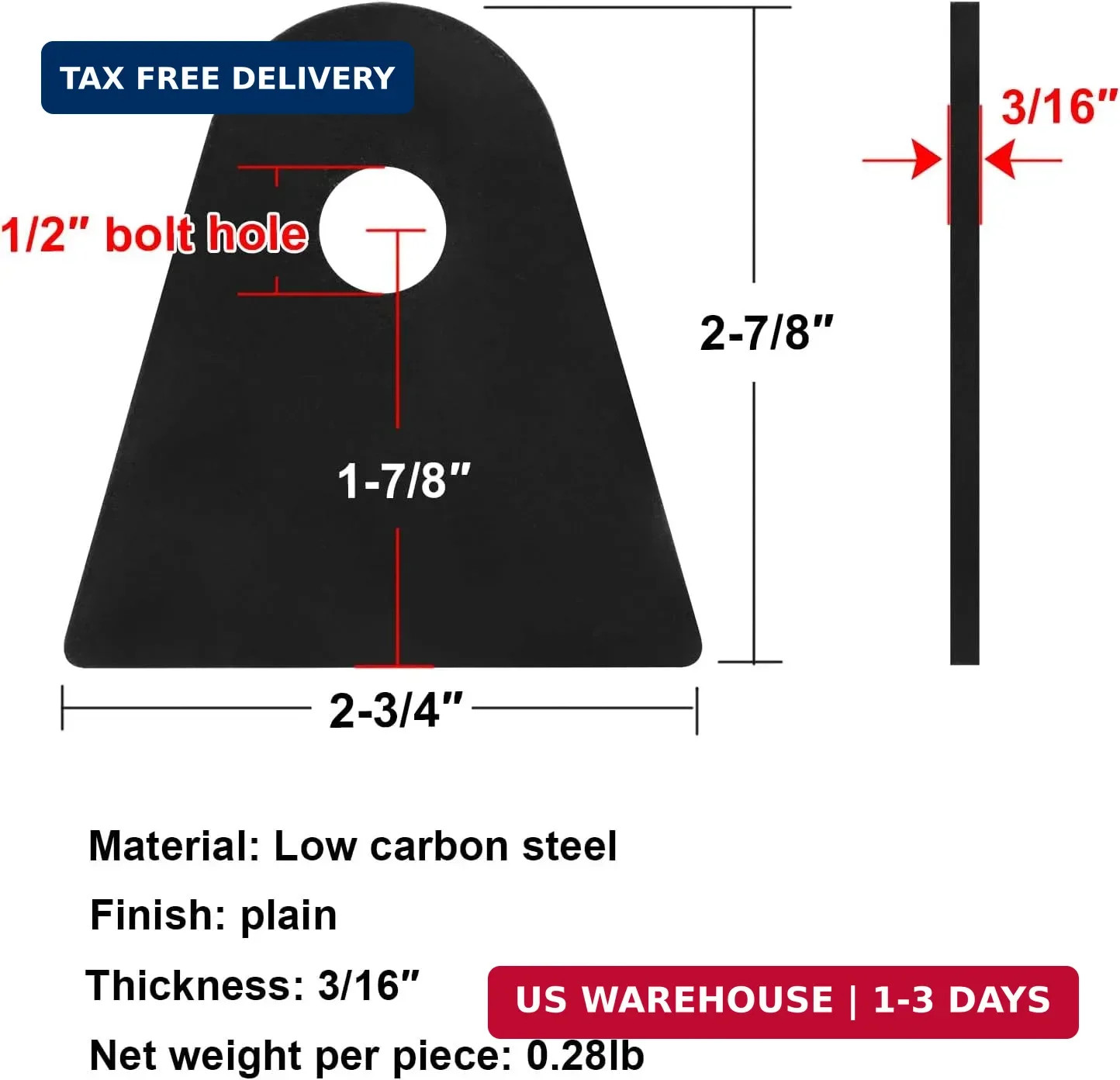 10 Pack Weld-On Tabs, Shock Mount Tabs, 2-7/8″ Tall, 1/2″ Bolt Hole | 3/16″ Thic