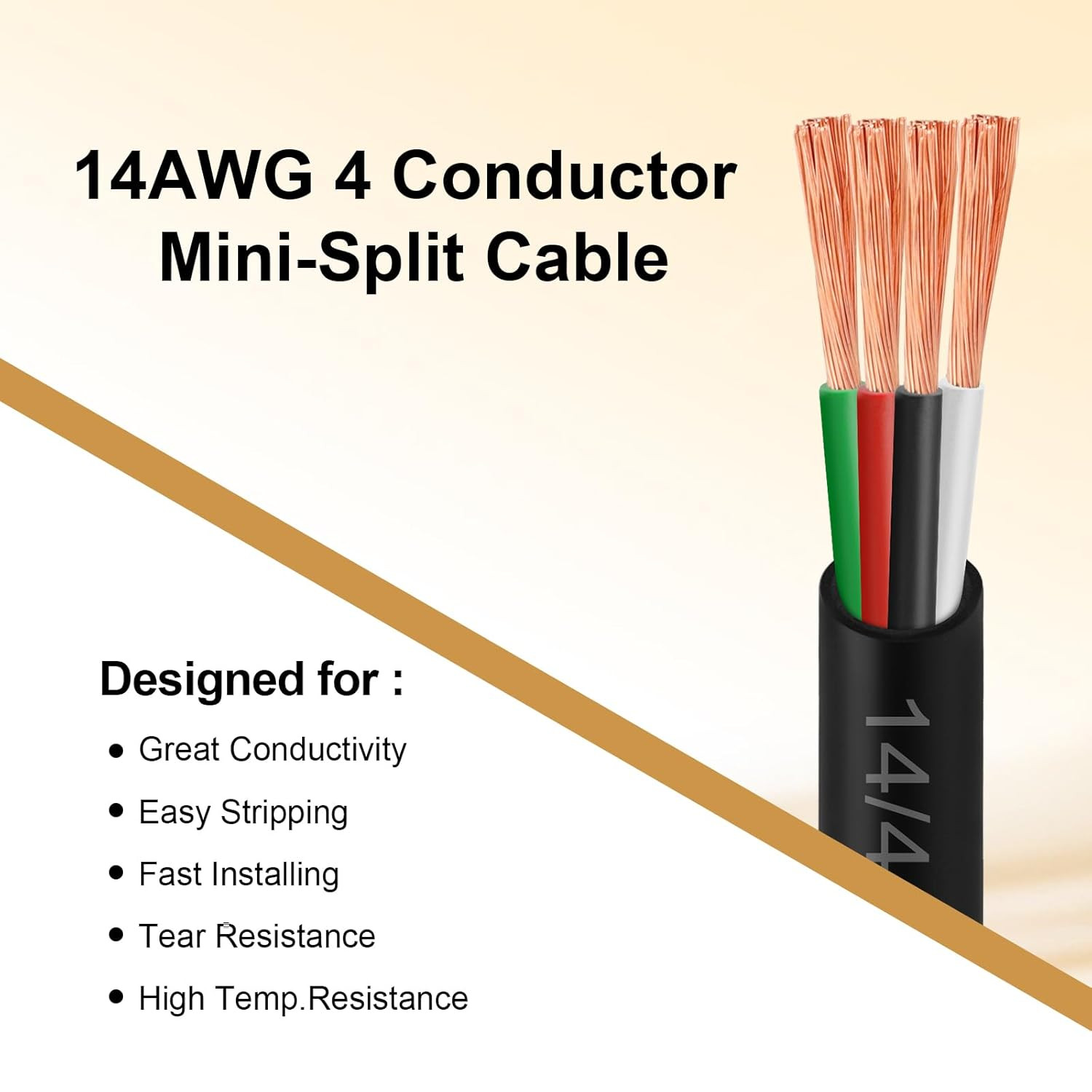 14/4 AWG Mini-Split Cable – 100FT 14 AWG 4 Conductor Control Cable 300V Stranded