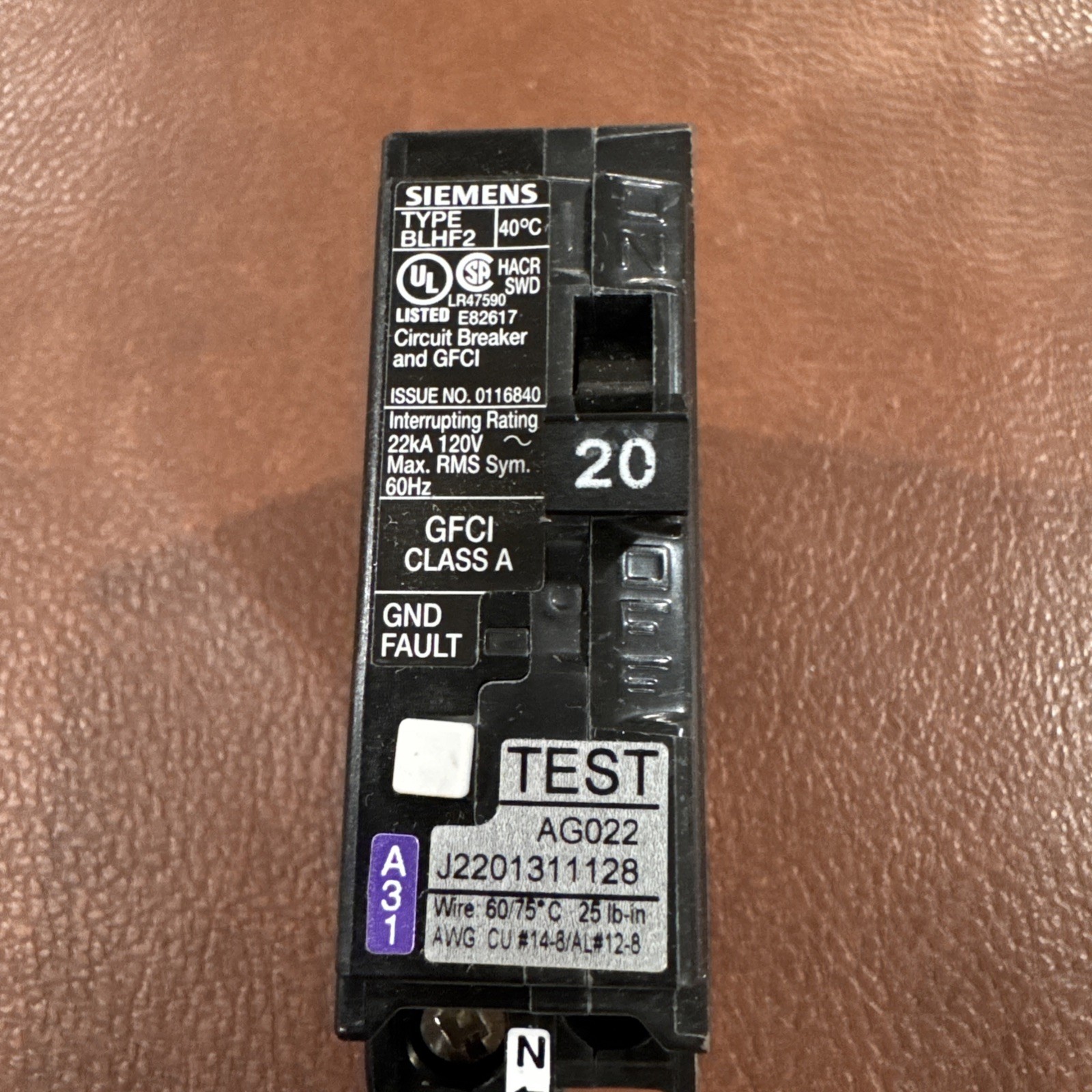 SIEMENS BF120AH 20A GFCI BOLT ON BREAKER PIGTAIL WIRE TYPE BLHF2 NEW PANEL PULL