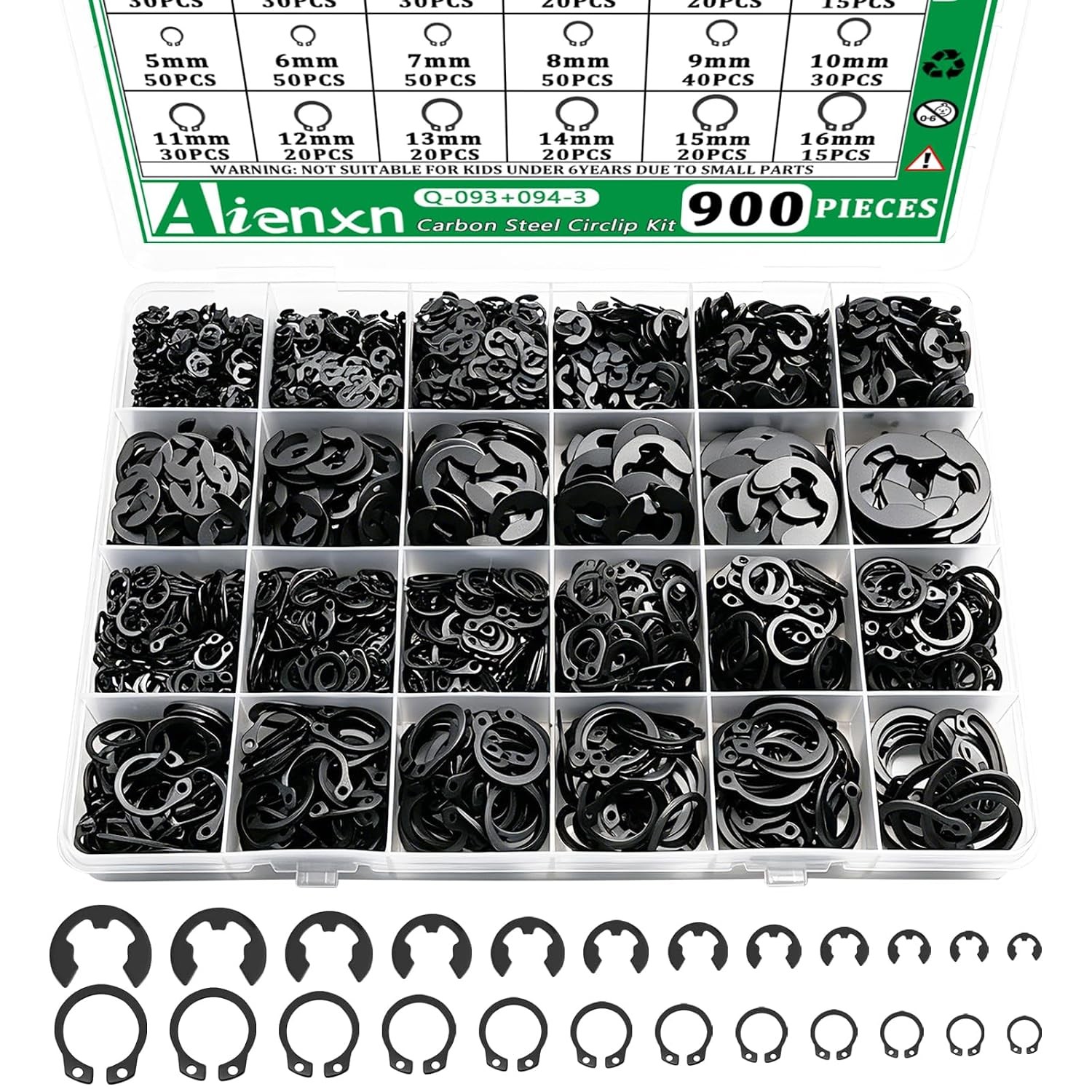 900PCS Black Carbon Steel Snap Rings & E Clips Assortment Kit 2MM-12MM C Clip