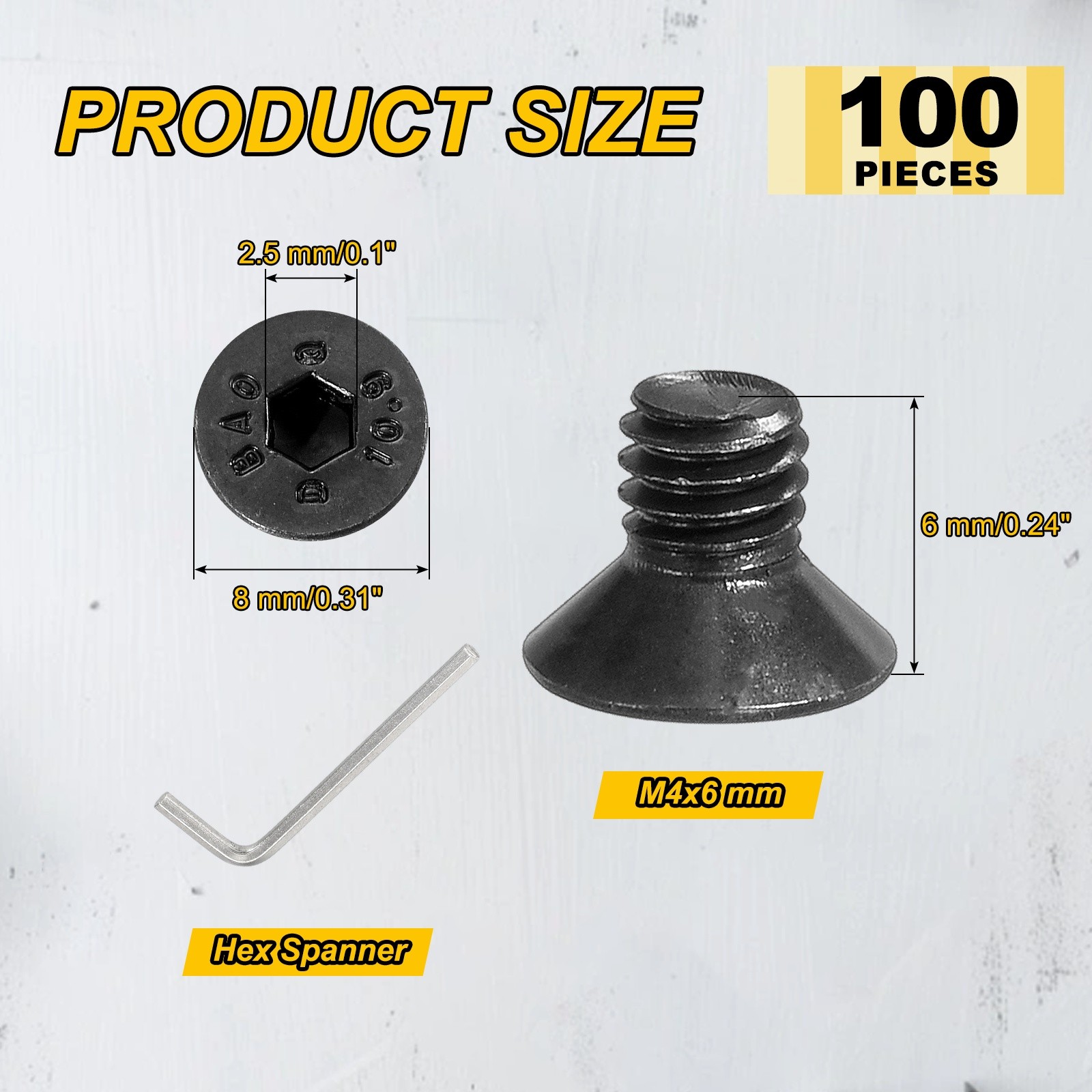 M4x6 mm Flat Head Socket Cap Screws, 100 Pcs Bolt with Hex Spanner, Black