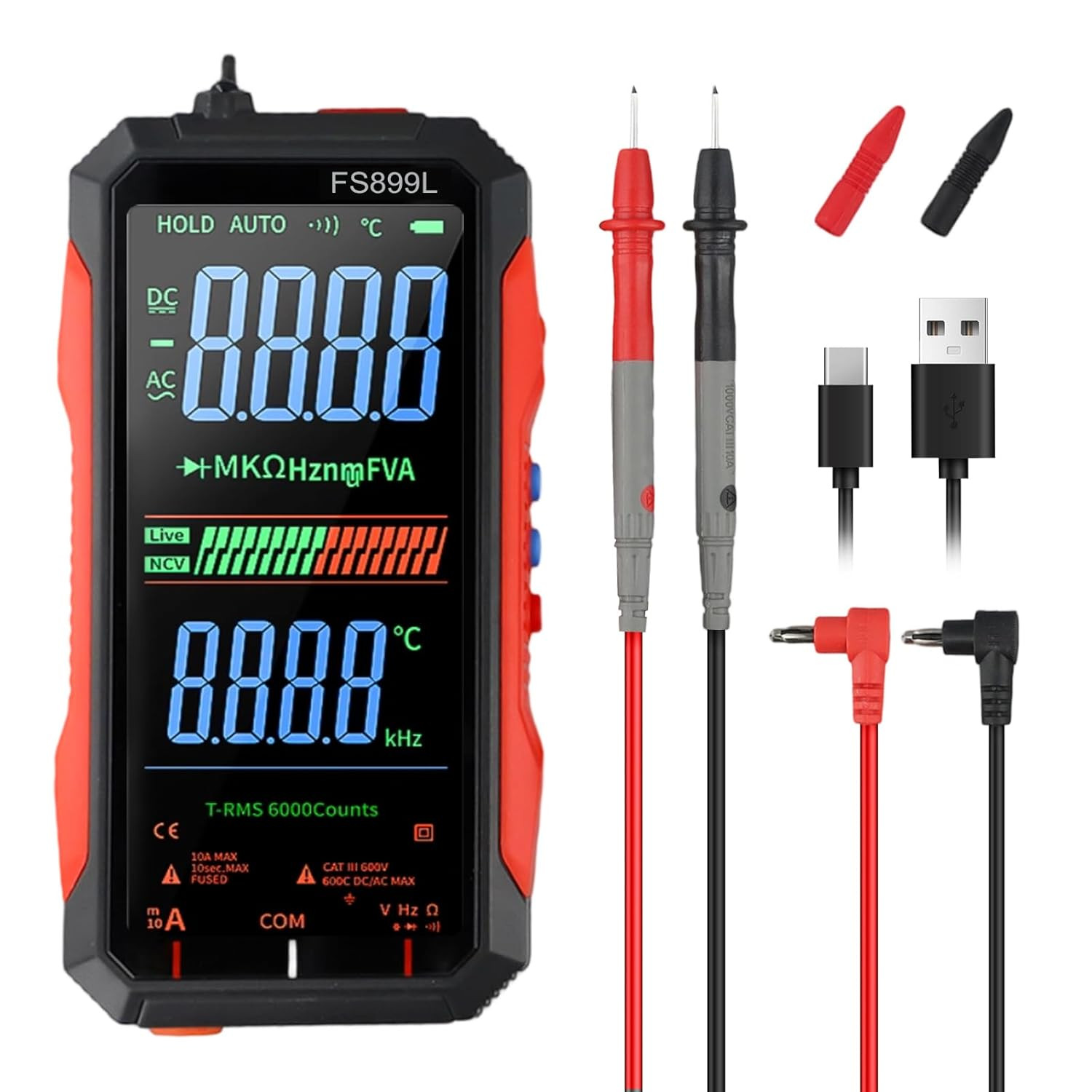 FS899L Digital Multimeter with Color Screen, USB C Rechargeable Electrical Testi