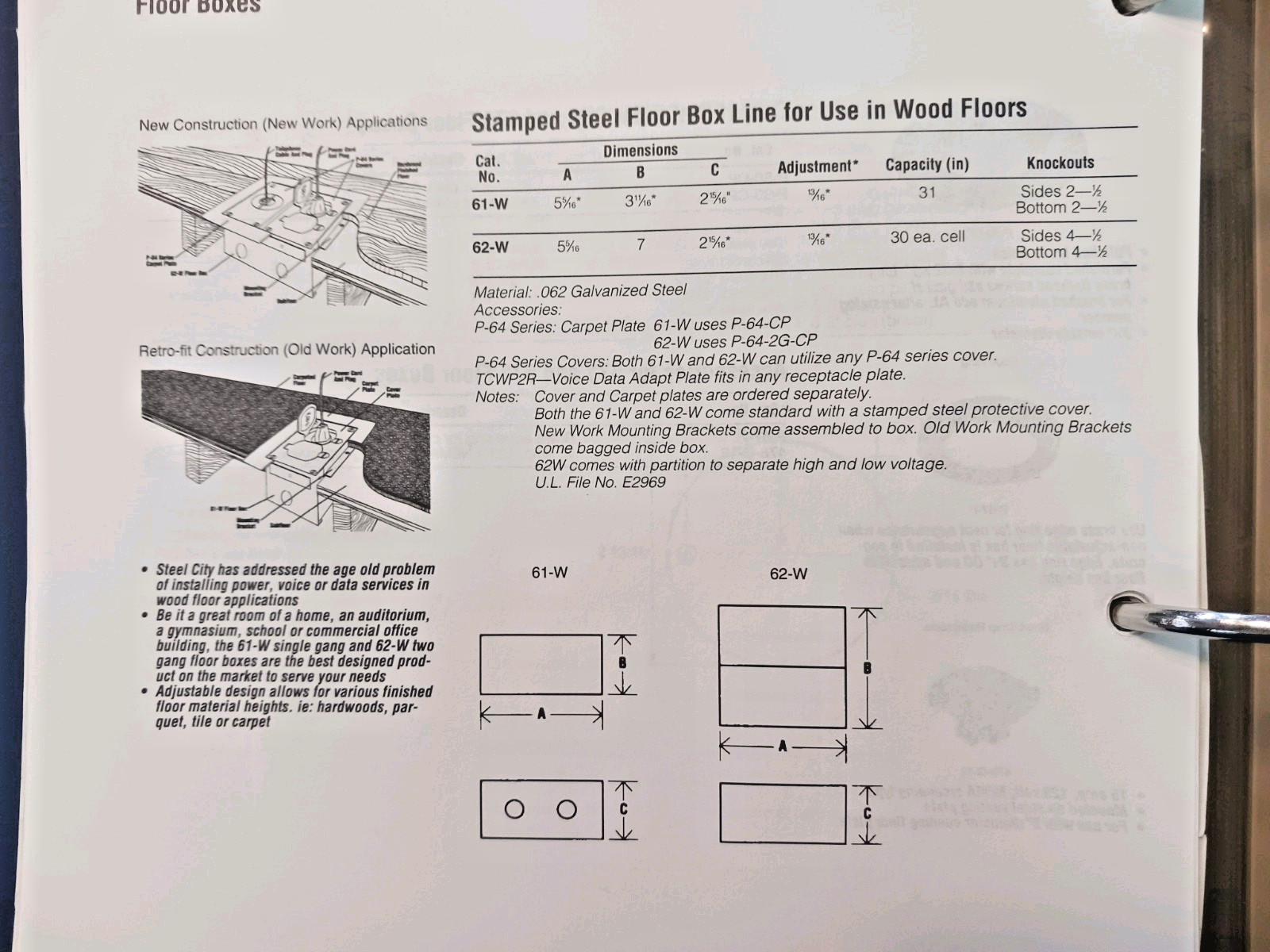 T & B 61-W 1-GANG STEEL FLOOR BOX FOR USE WITH WOOD FLOORS