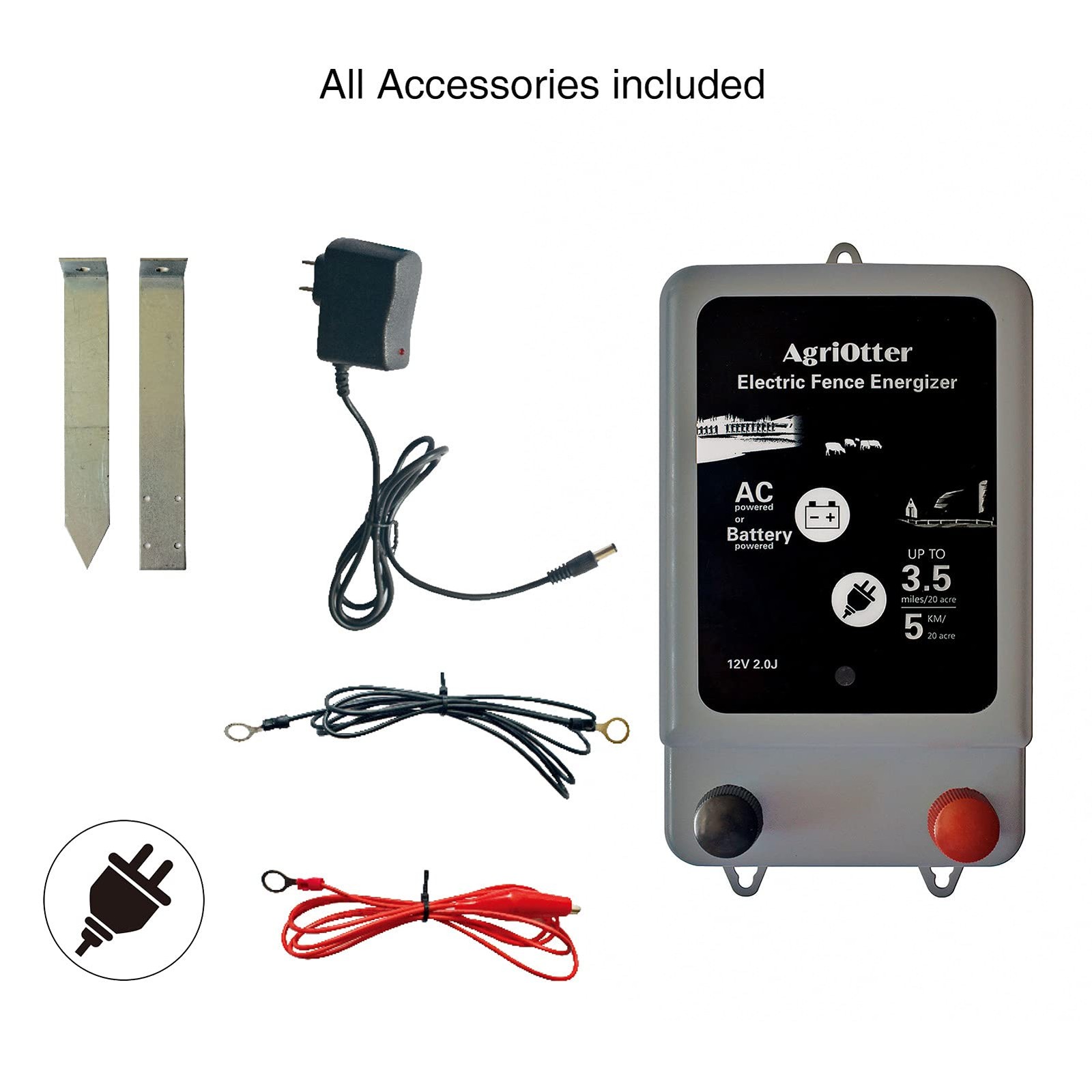 AgriOtter Electric Fence Energizer 20 Acre 2 in 1 Powered by Battery or AC Ou…
