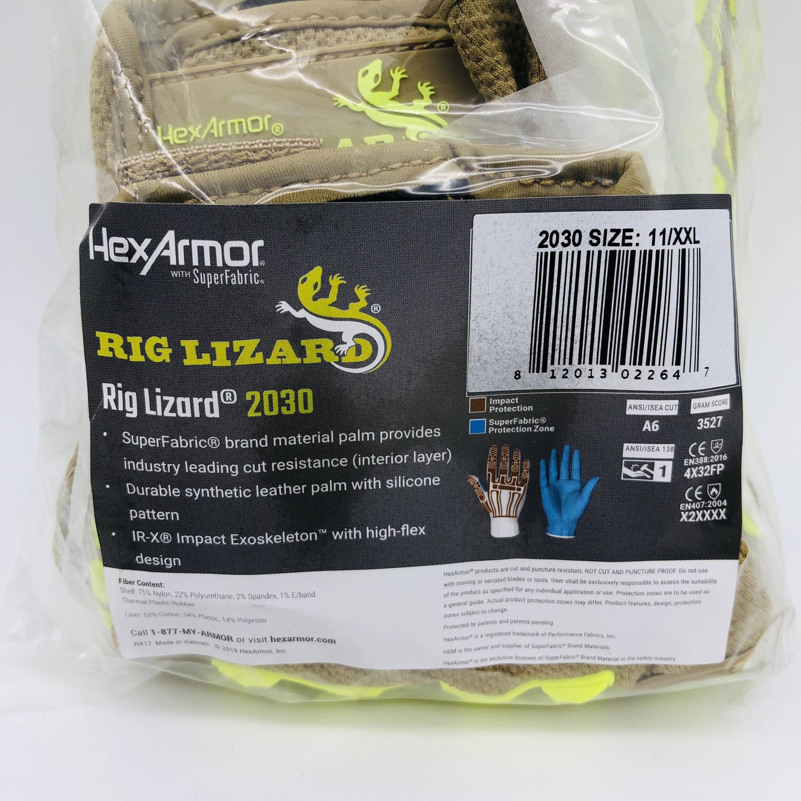 HexArmor Rig Lizard 2030 Work Glove Sz XXL(11) Mechanic Synthetic Leather 1 Pair