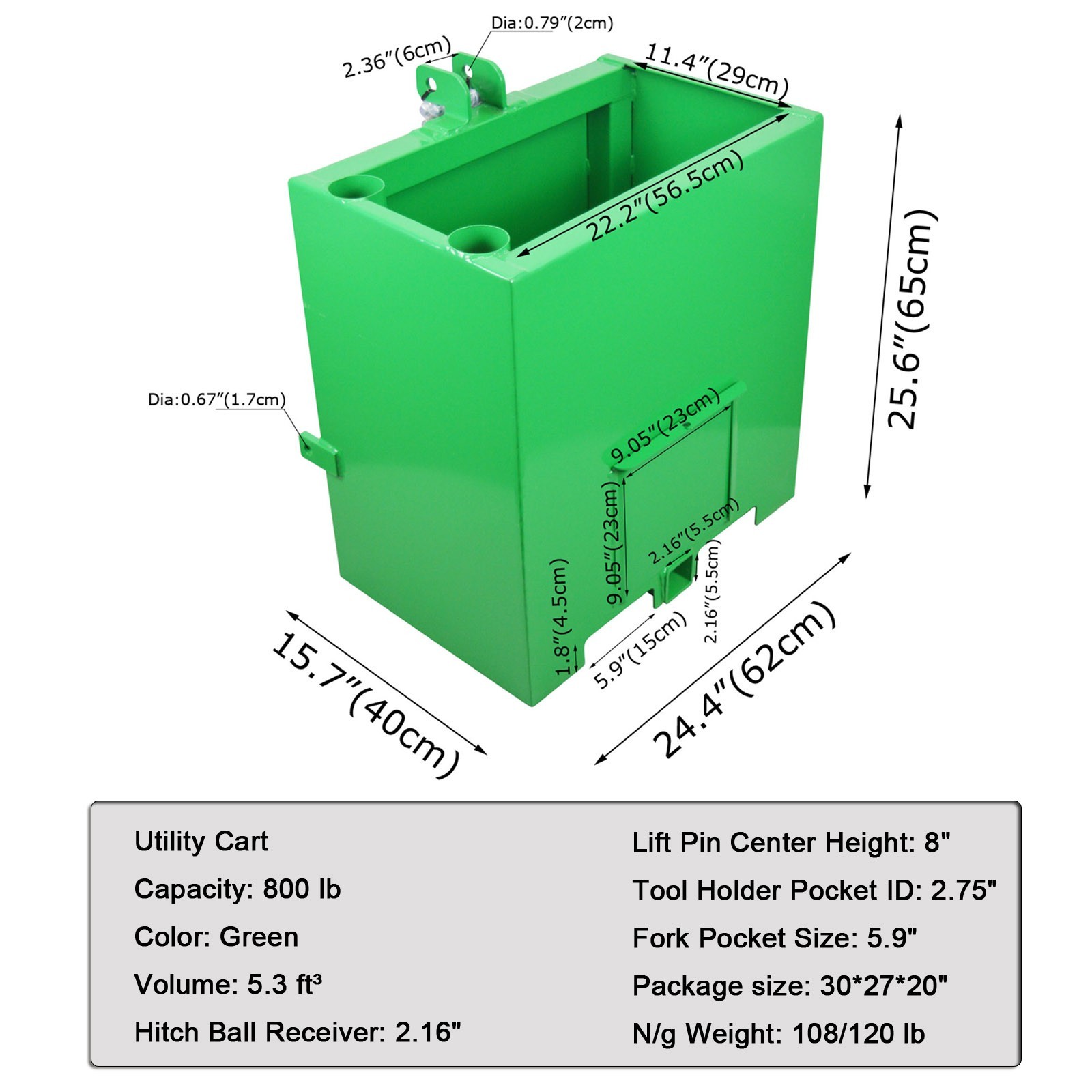 800lb 150L Capacity Three-point Suspended Weight Box for Category 1 Tractor