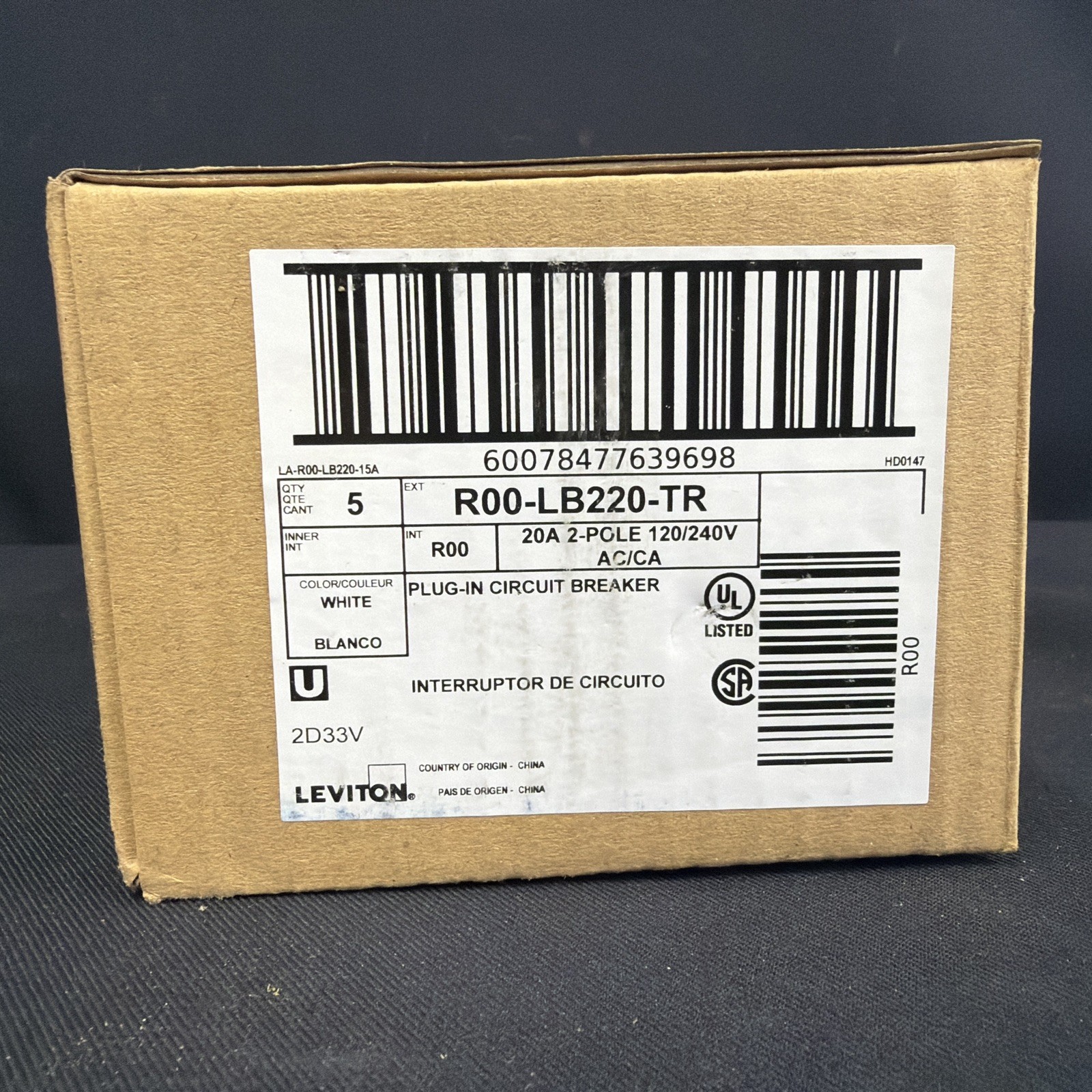 Leviton LB220-T 20A 2-Pole Plug-In Circuit Breaker 120/240V Lot of 5
