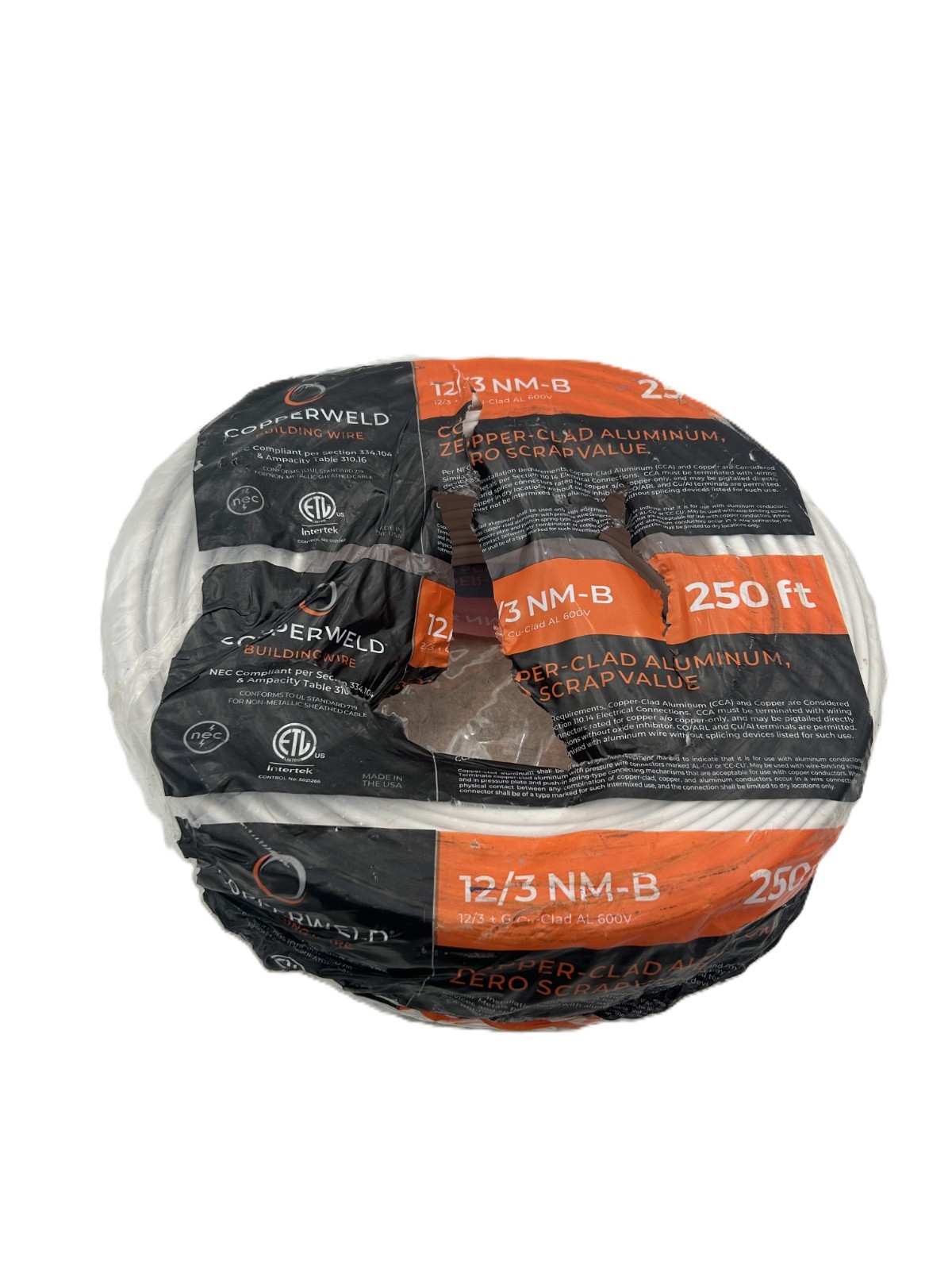 Copperweld 12/3 NM-B Solid Copper Clad Aluminum Wire 250ft 600V