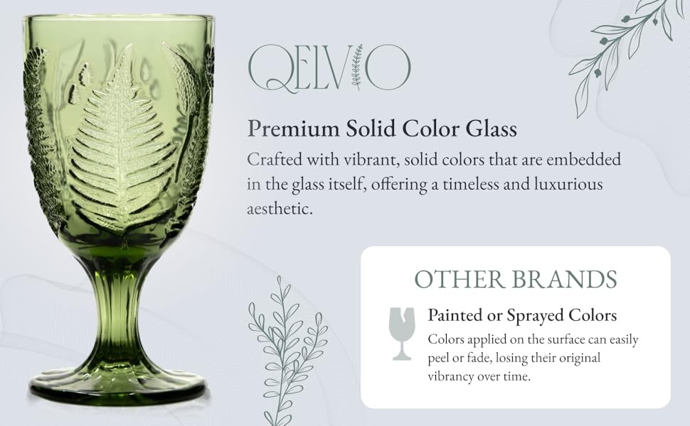 Vintage Green Stemmed Goblets Set of 4, Fern Embossed Textured Glass Wine