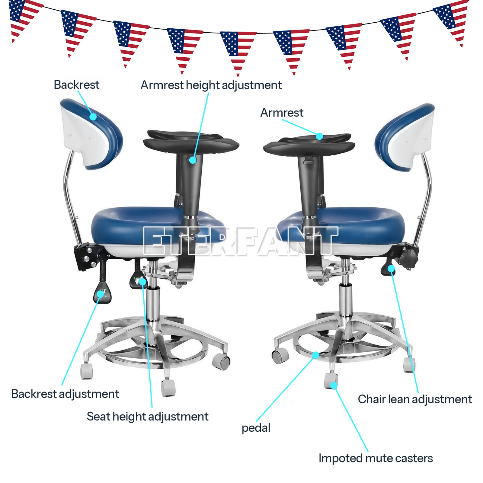 ETERFANT Adjustable Mobile Chair/Medical Microscope Stool Chair with Armrest