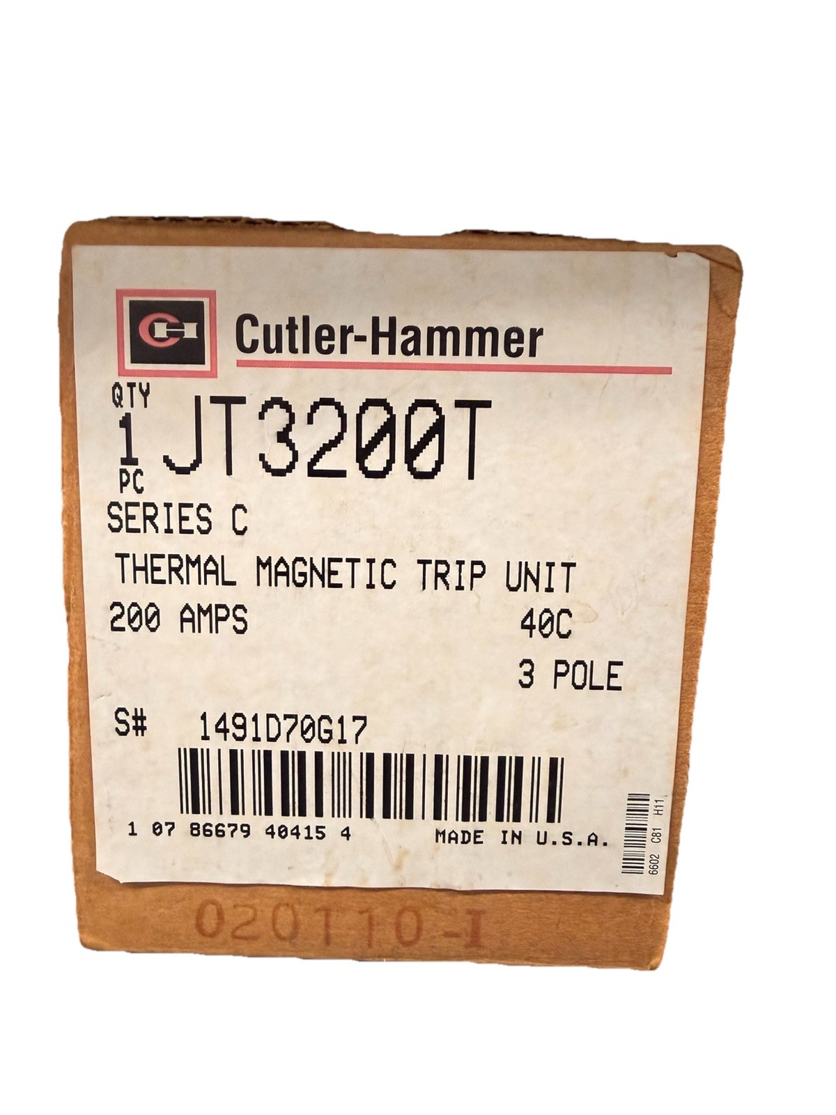 Cutler Hammer JT3200T Thermal Magnetic Circuit Breaker Trip Unit 200A Ch