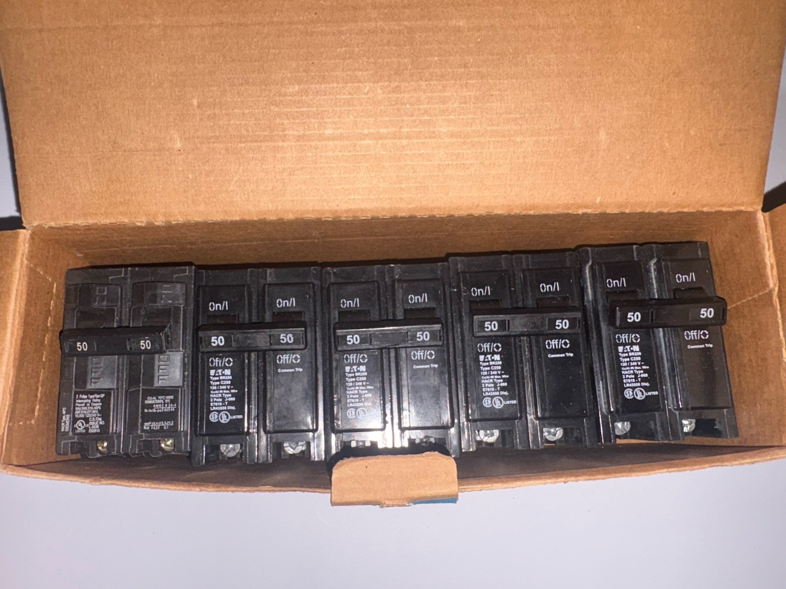 Box of 5 New Eaton BR250 50 Amp 2 Pole Type BR Circuit Breaker 240VAC 2P 50A