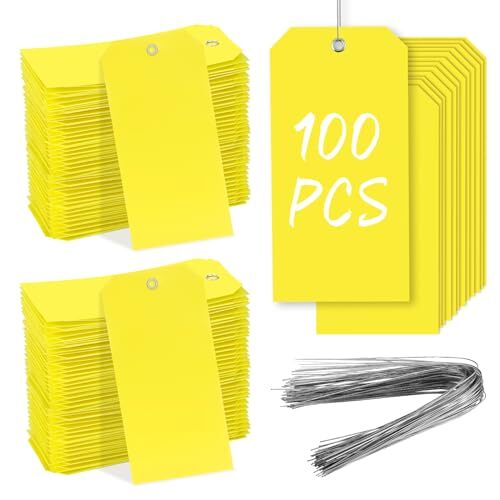 100 Pcs Yellow Plastic Shipping Tags with Wires Heavy Duty Hang Tags for Gift