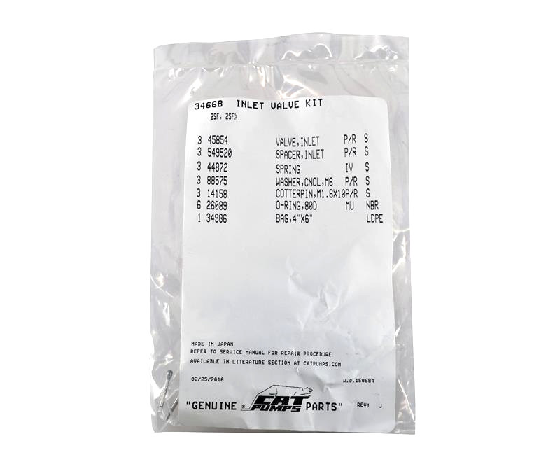 Cat Pump 34668 Inlet Valve Kit 2SF,2SFX20ES, 2SFX30ES,2SFX30GS, 2SFX30GZ Pumps