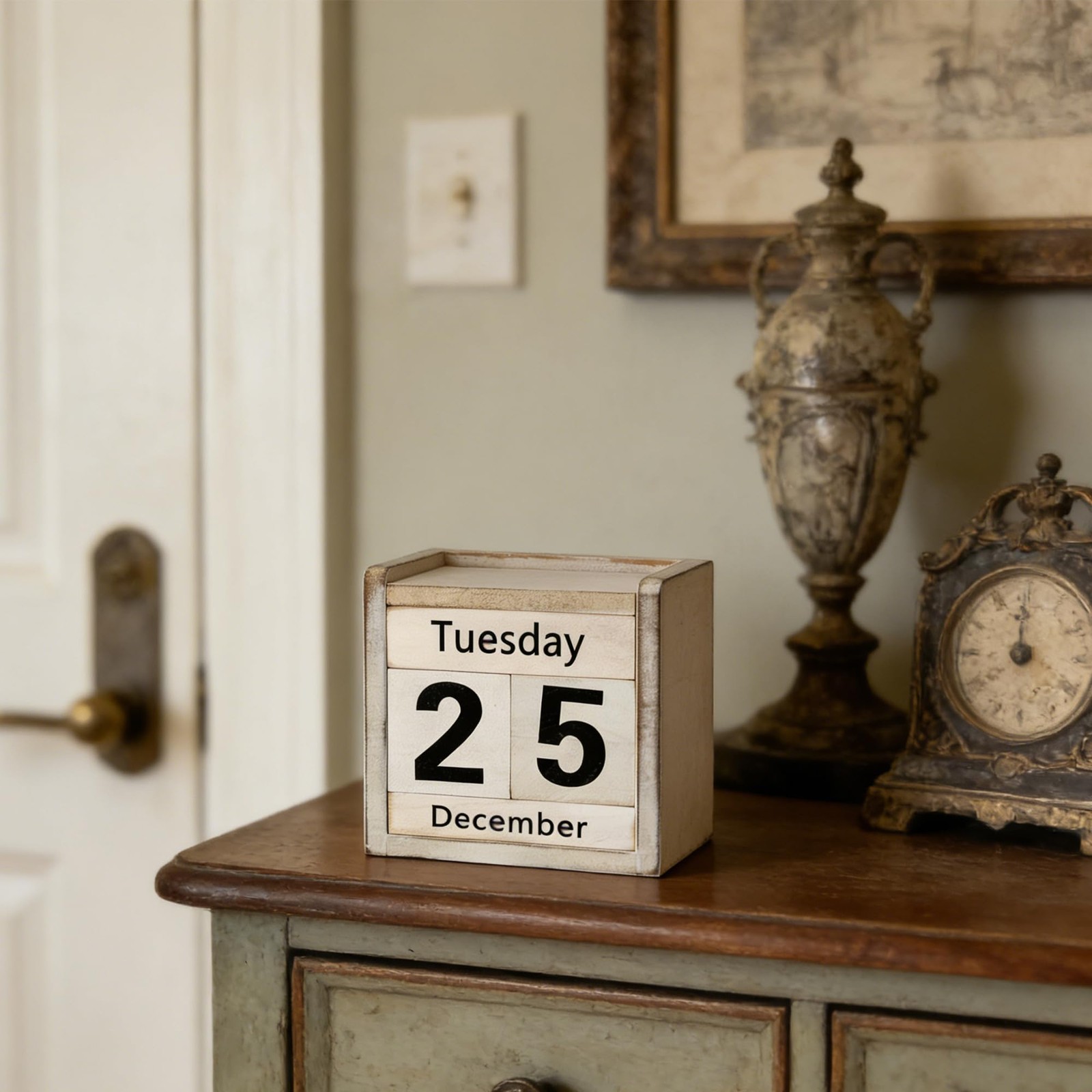 Wooden Perpetual Block Calendar Rustic Retro Desk Small, Style