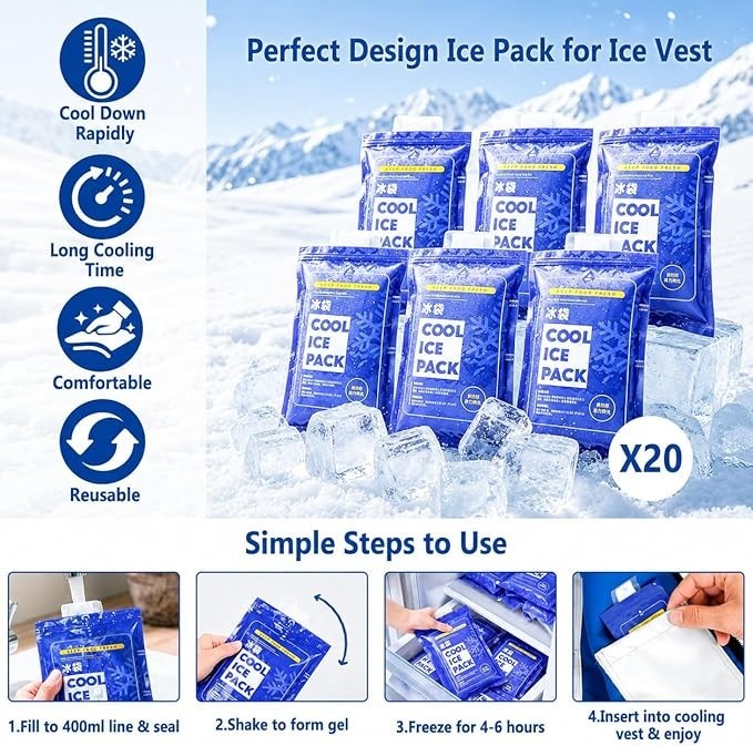 Cooling Vest with 20 Reusable Ice Packs – Adjustable Size for Outdoor Activities