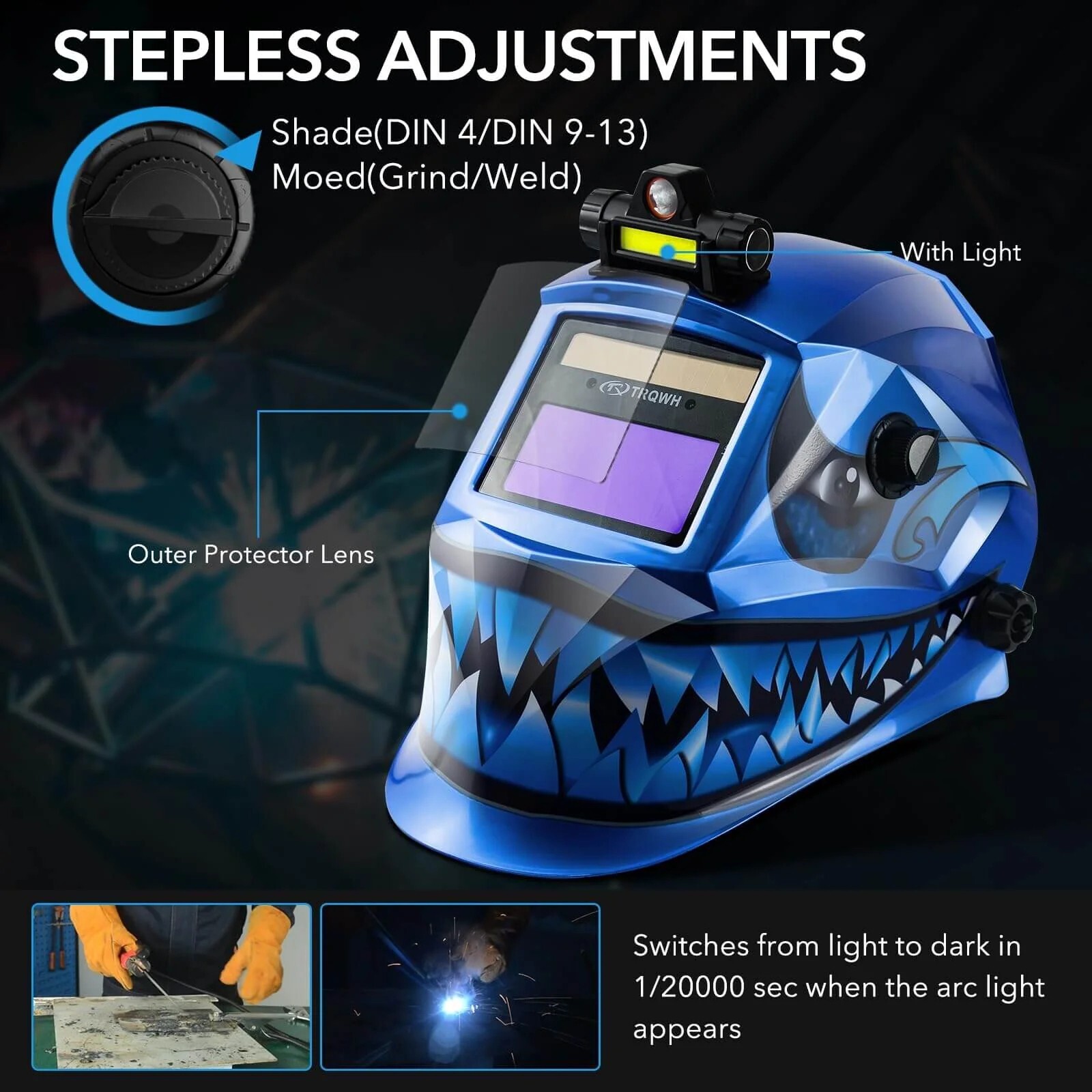 TRQWH Shark Design Auto-Darkening Welding Helmet with Wide View and LED Light