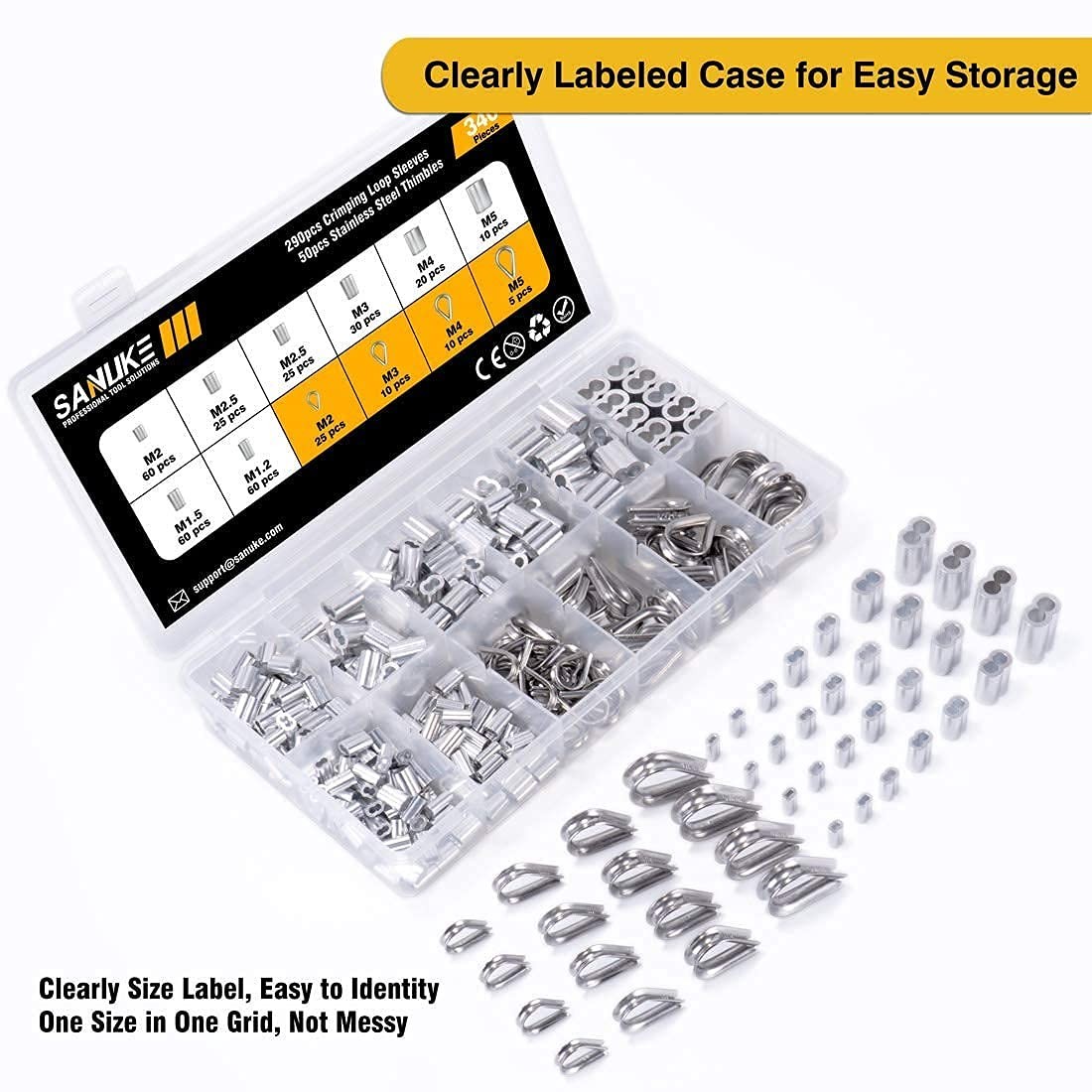 Sanuke 340PCS Stainless Steel Wire Rope Cable Thimbles 340pcs assortment kit