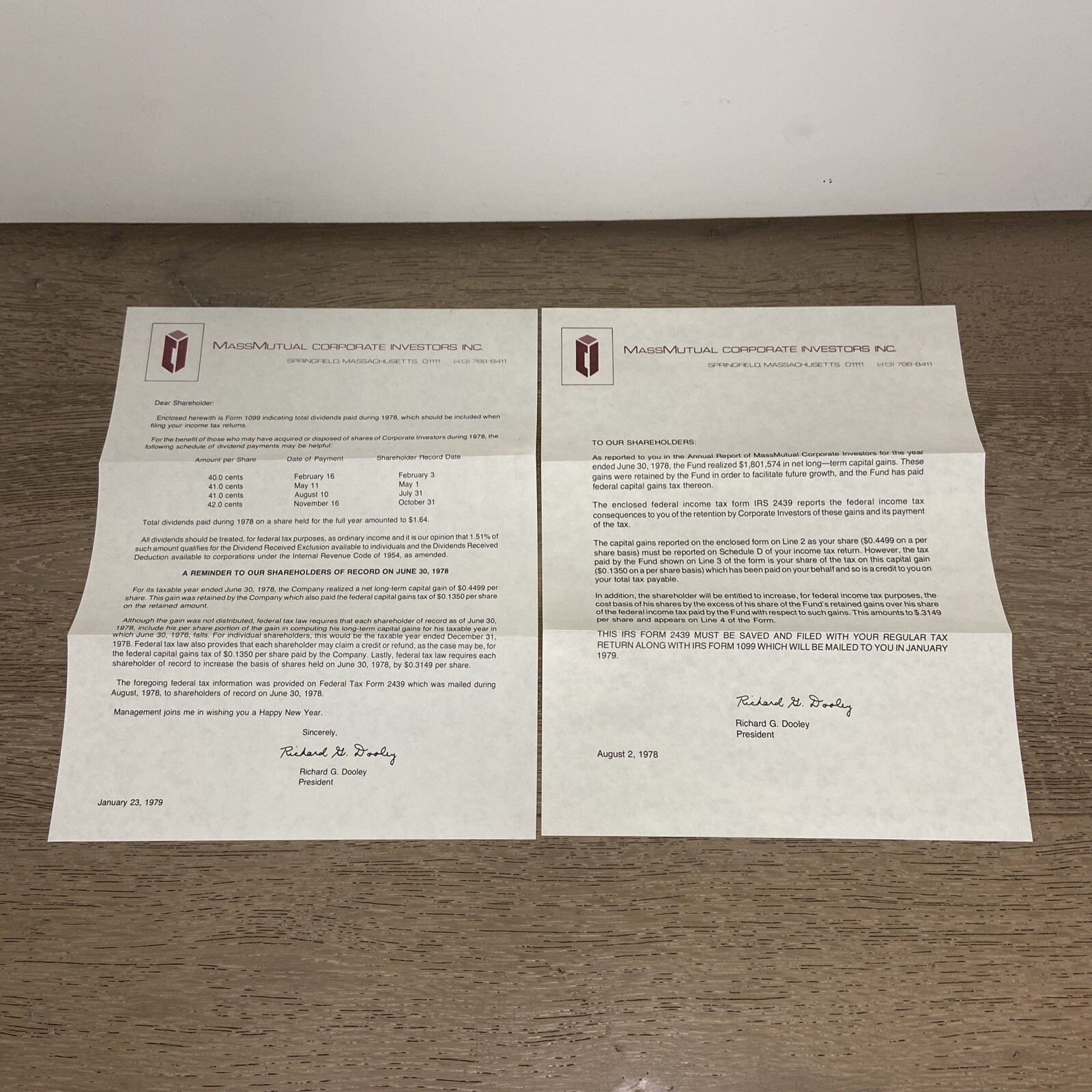 MassMutual Stock 1978 Quarterly Dividend Stock Report Letter & 1099 Notice