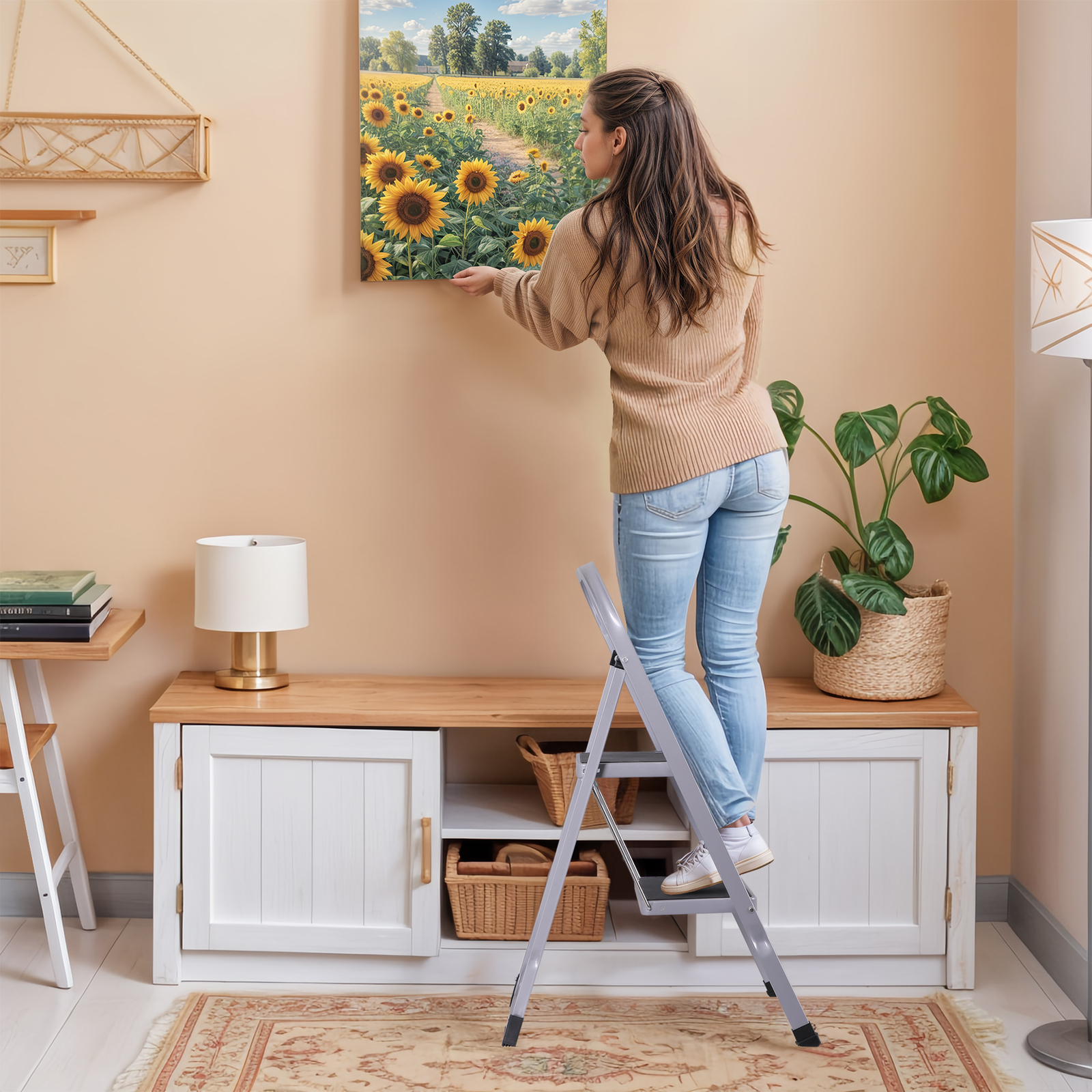 2 Step Ladder w/Anti-Slip Pedal Convenient Handgrip for Home Daily Use Gray