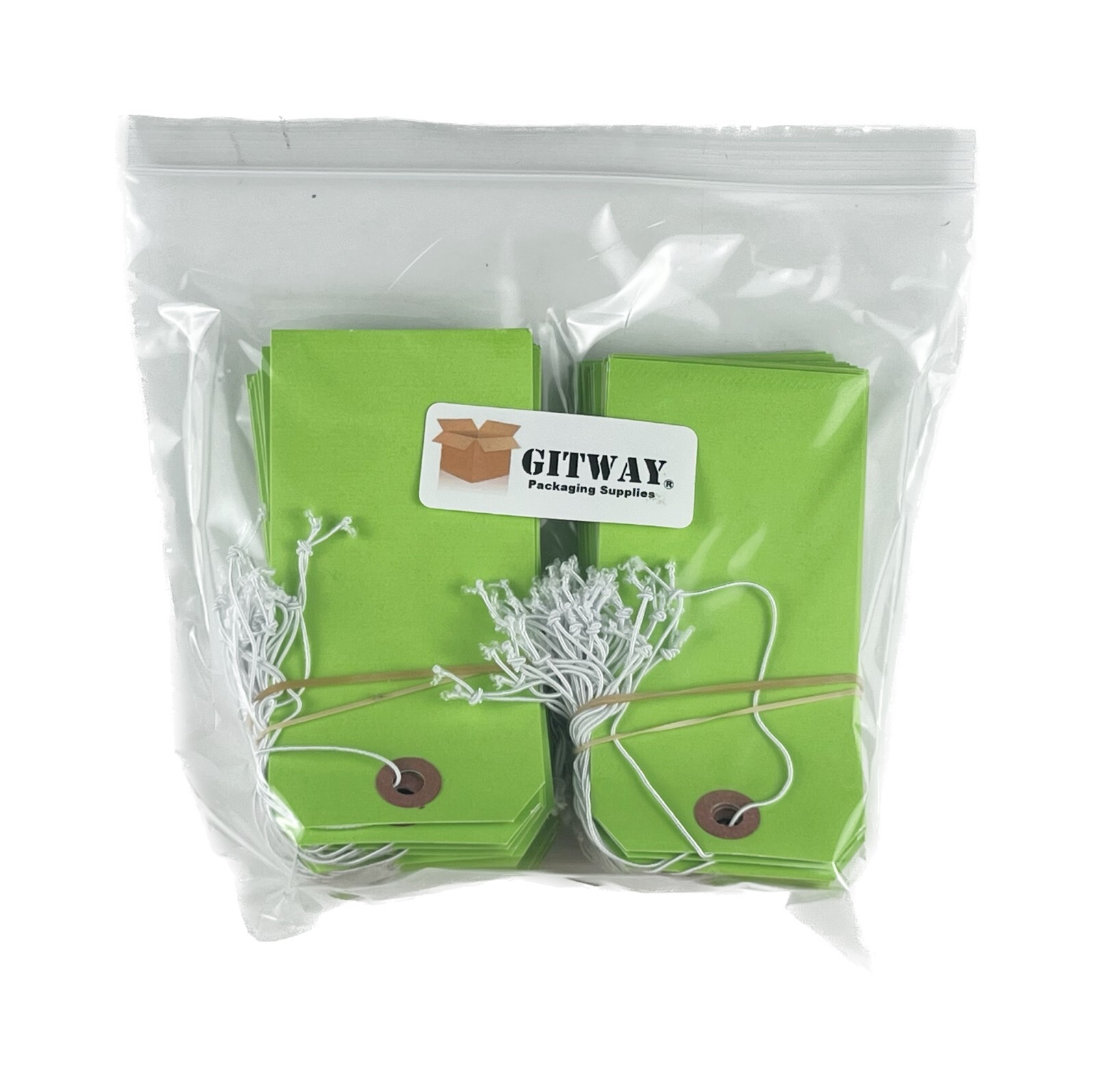 100 of 4 3/4″ x 2 3/8″ Green Inventory Tags with ELASTIC Stretchable String