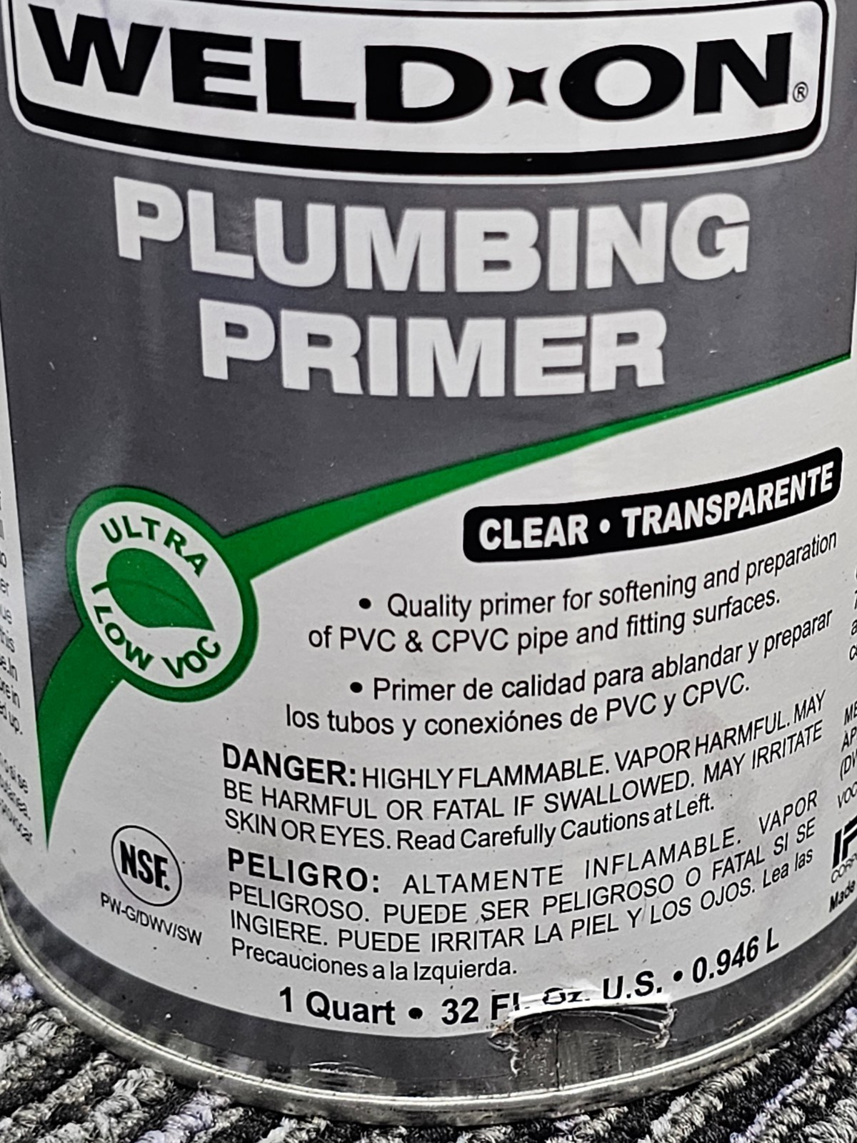Weld-On 14030 PVC / cPVC Primer Clear Primer Plumbing, Quart