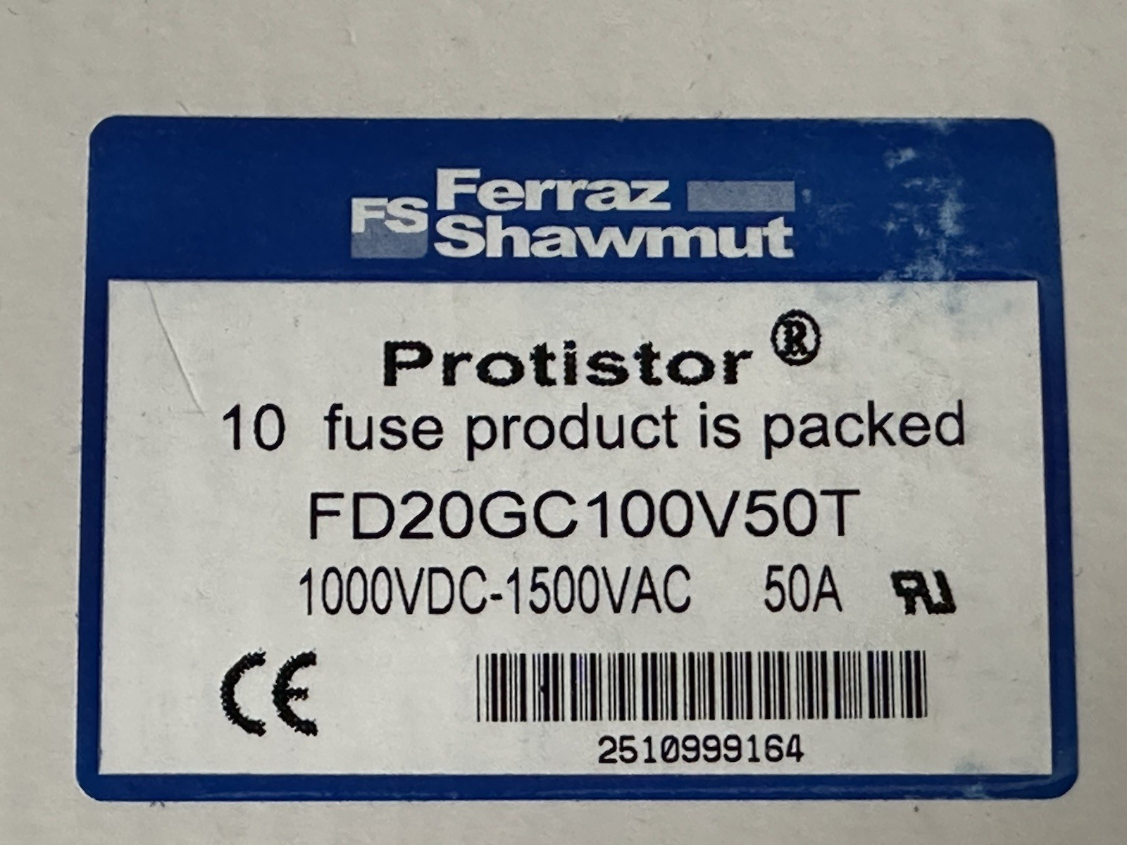10 PCS Ferraz Shawmut Protistor FD20GC100V50T Fuse 1000VDC-1500VAC 50A NEW INBOX