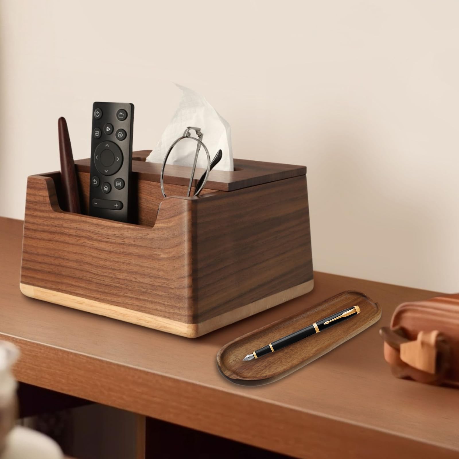 PKRFCJ Wooden Tray Brown Pen Tray, Wood Desk Accessories, Minimalist