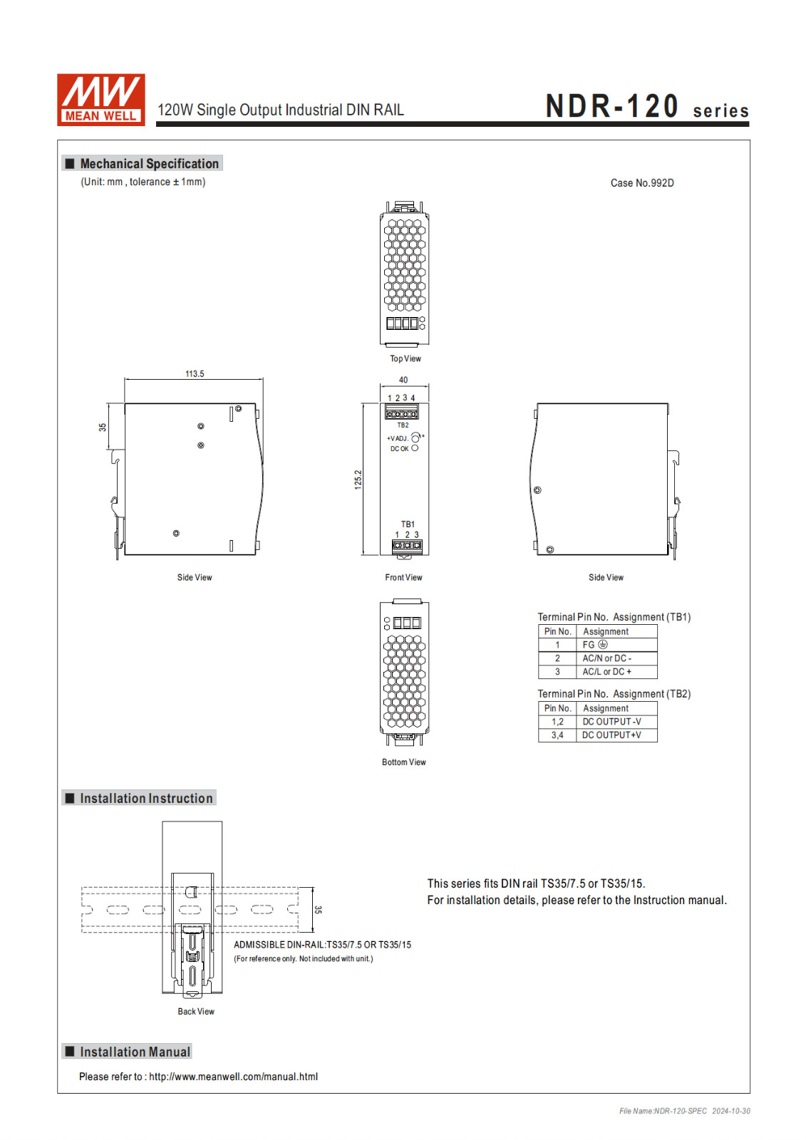 MW MEAN WELL NDR-120-24 120W / 24V DC Power Supply, DIN Rail, PFC. AC/DC Input.