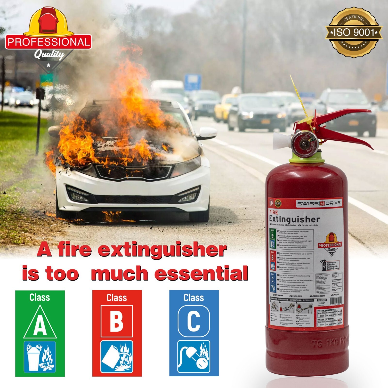 Fire Extinguisher Rechargeable Home Kitchen Car 1 Kg 2.2 lbs Portable ABC Class