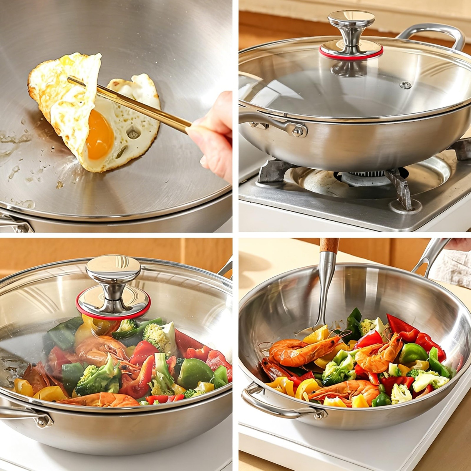 Firequince 13 Inch Stainless Steel 316 Wok Lid Stir-Fry Pans Dishwasher And