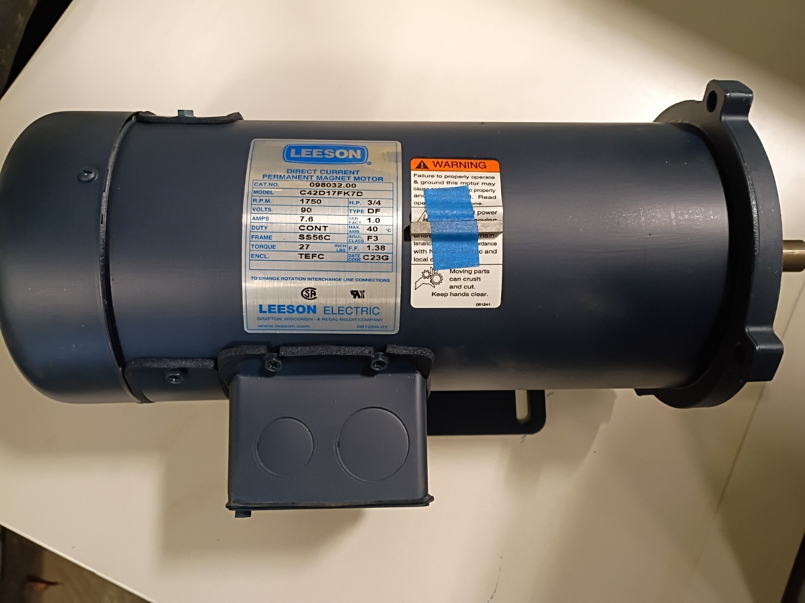 Leeson 098032.00, 56C Frame, C-Face , 3/4HP, 1750 RPM,90VDC, DC Motor