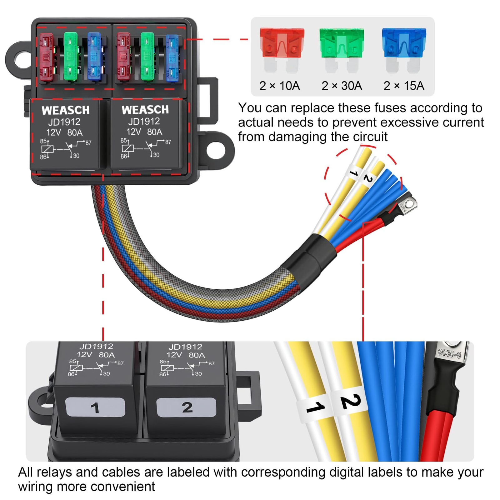 12V 6 Way Pre-Wired Fuse Relay Box Kit with Two 80A 4-Pin Relays | 6 ATC/ATO Slo