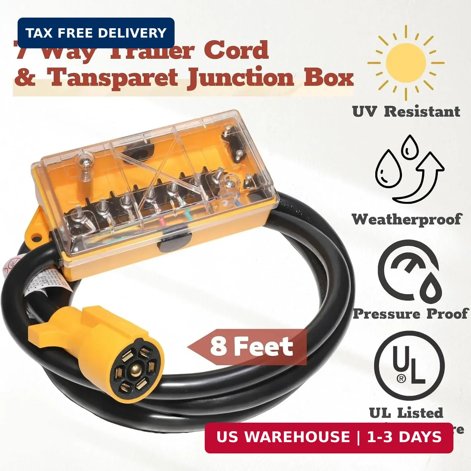 MECMO 7 Way Plug Inline Trailer Cord 8Ft, 7 Gang Junction Box, Heavy Duty 7 Term