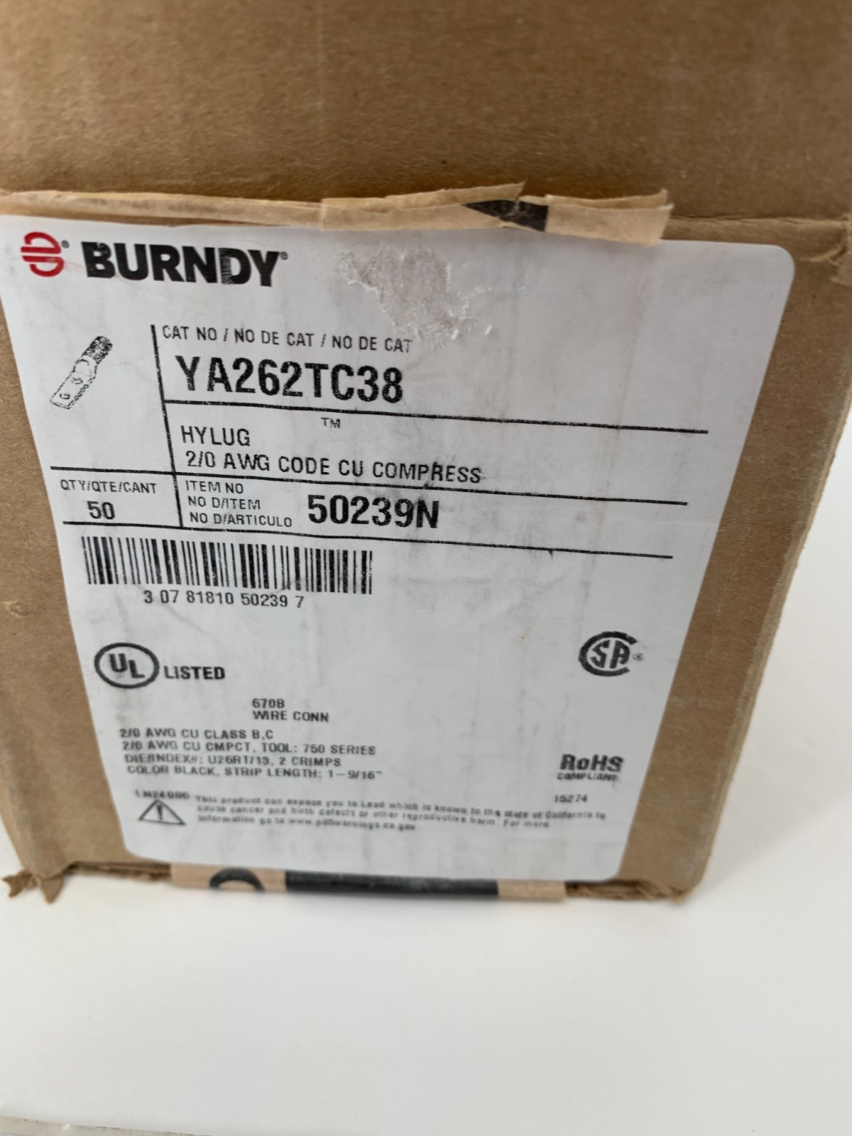 Burndy YA262TC38 50239NL 2-Hole Compression Lug 2/0 AWG Solid/Stranded Copper