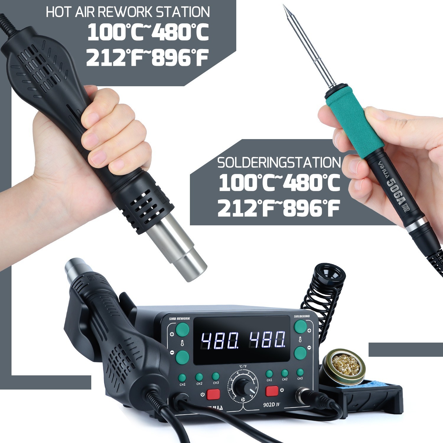 YIHUA 902D-IV T12 Soldering & Hot Air Rework Station Kit Digital Adjustable Temp