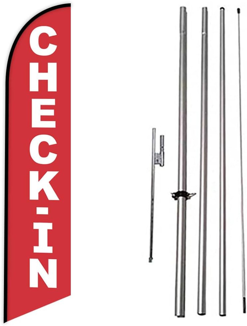 Check-In Advertising Feather Banner Swooper Flag with Flag Pole Kit & Ground Sta