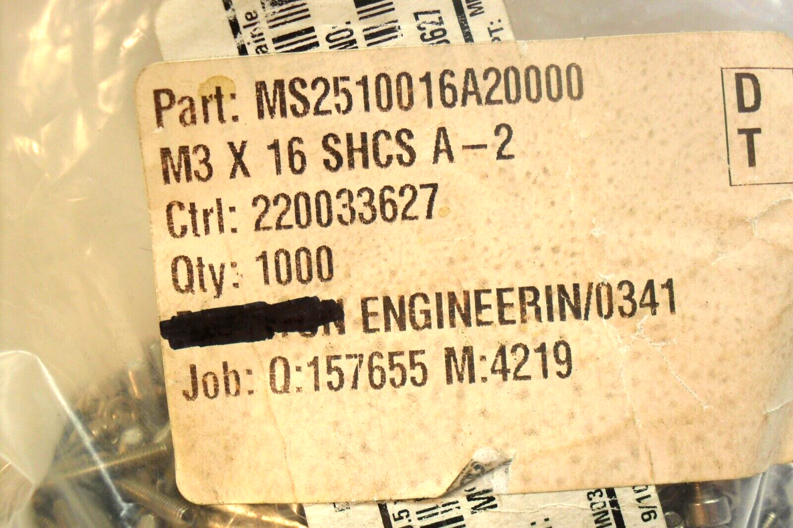 qty 1000-Fastenal MS2510016A20000 M3-0.5 x 16mm Hex Drive Grade A2-70 Stainless