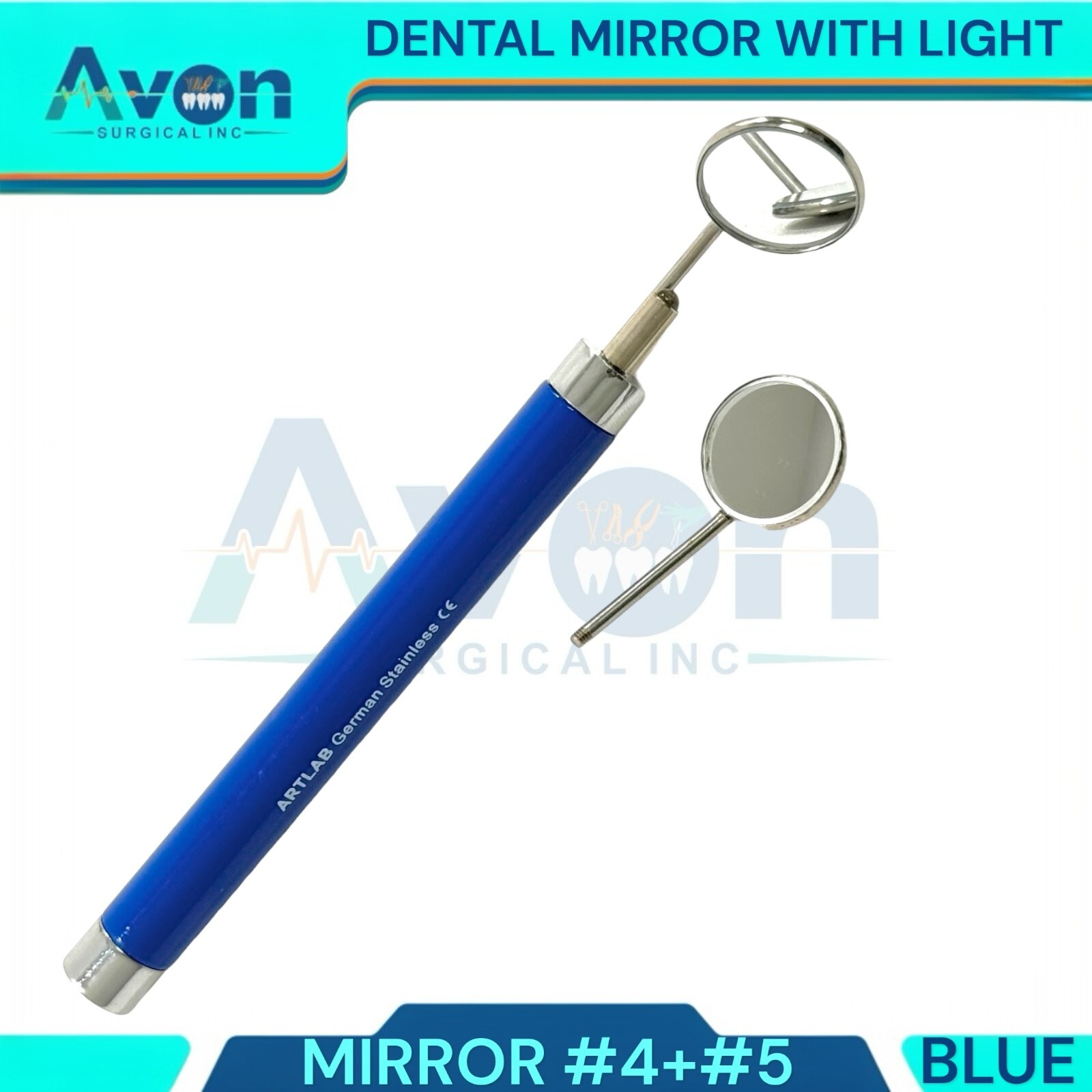 Teeth Examination Mouth Mirror #4 + #5 with Blue Handle, LED Light, German Steel