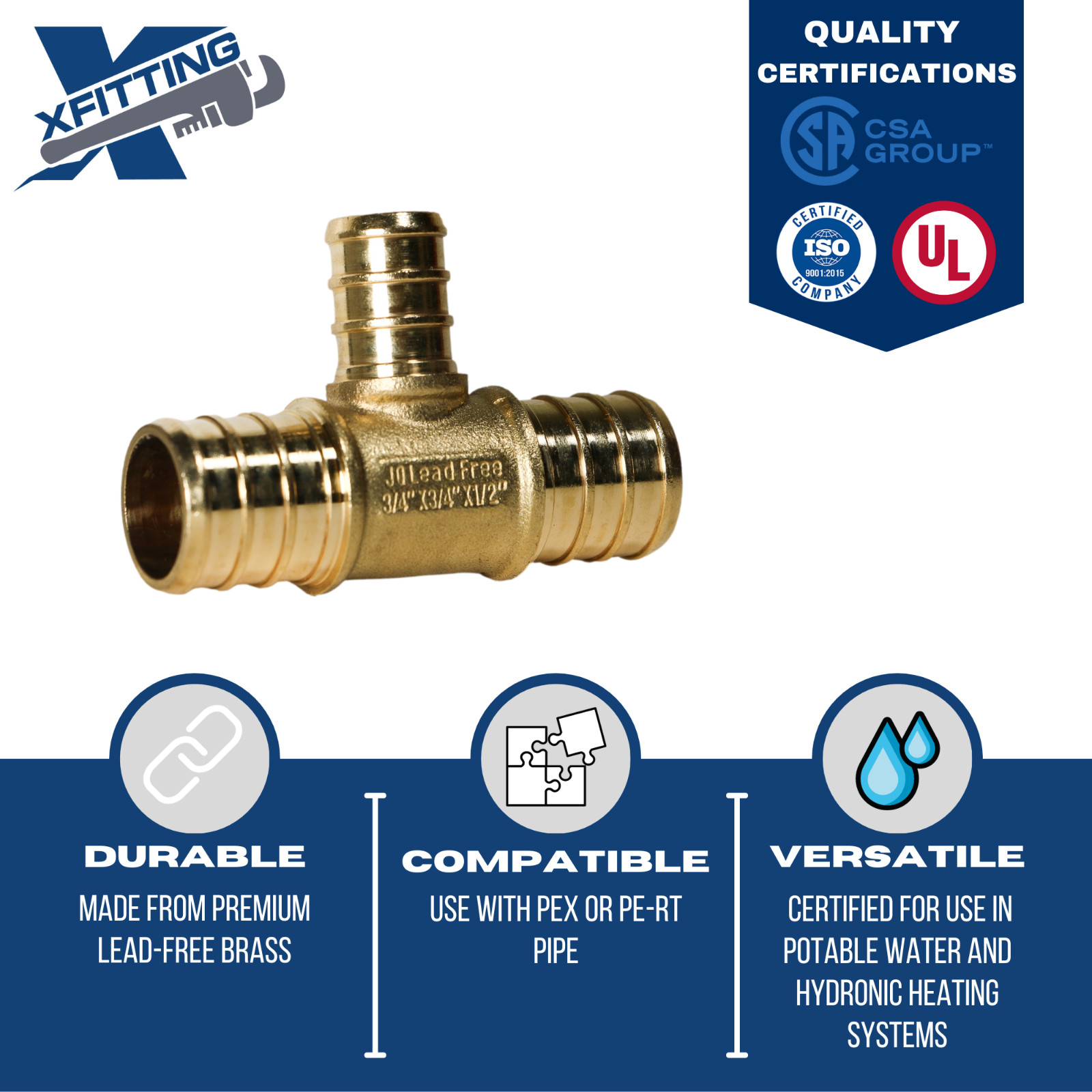 100 PIECES 3/4″ X 3/4″ X 1/2″ PEX TEE BRASS CRIMP FITTINGS ( LEAD FREE )