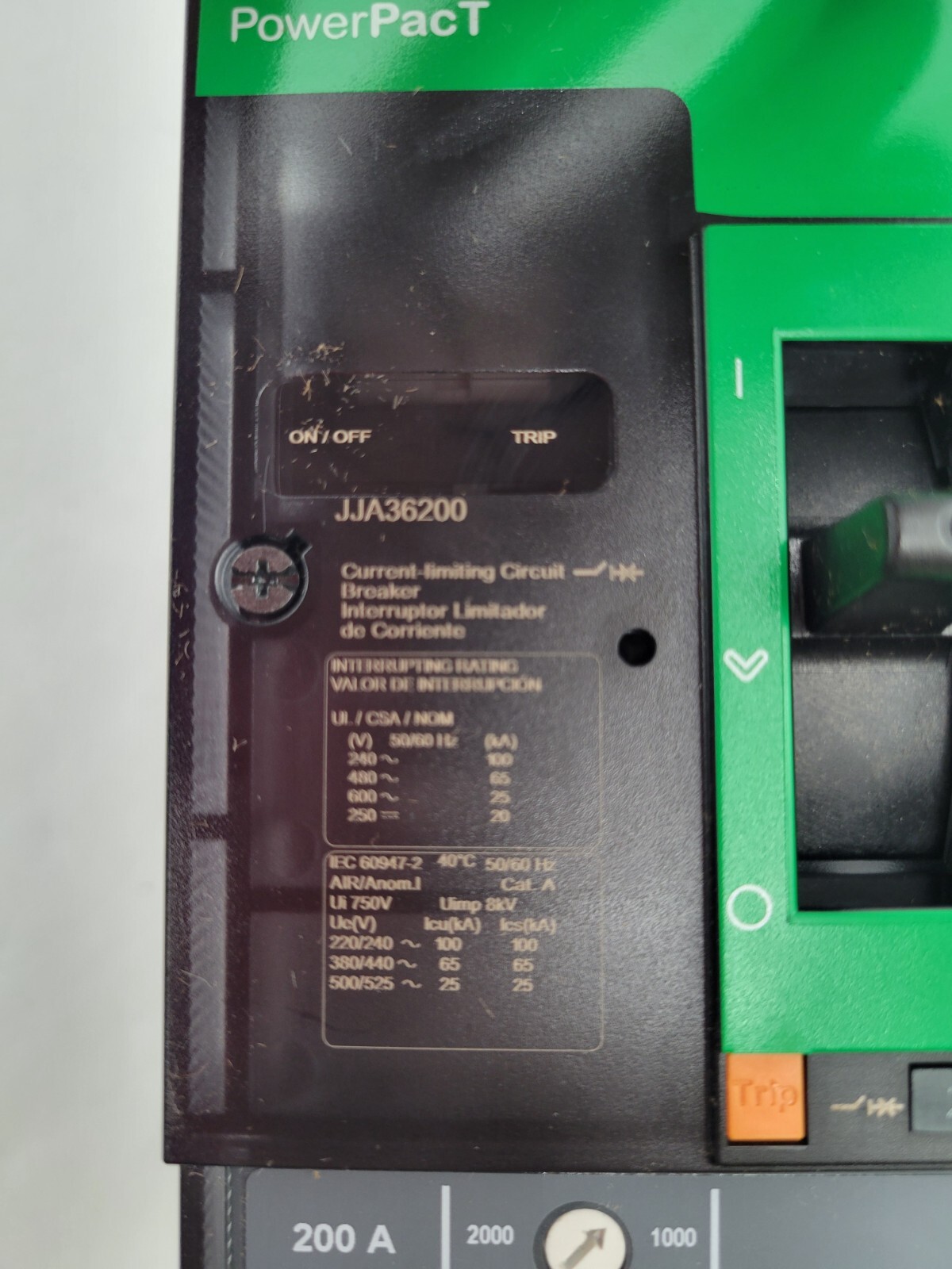 Square D JJA36200 PowerPact I-Line Circuit Breaker 200A 600VAC 3P 3PH Type JJA